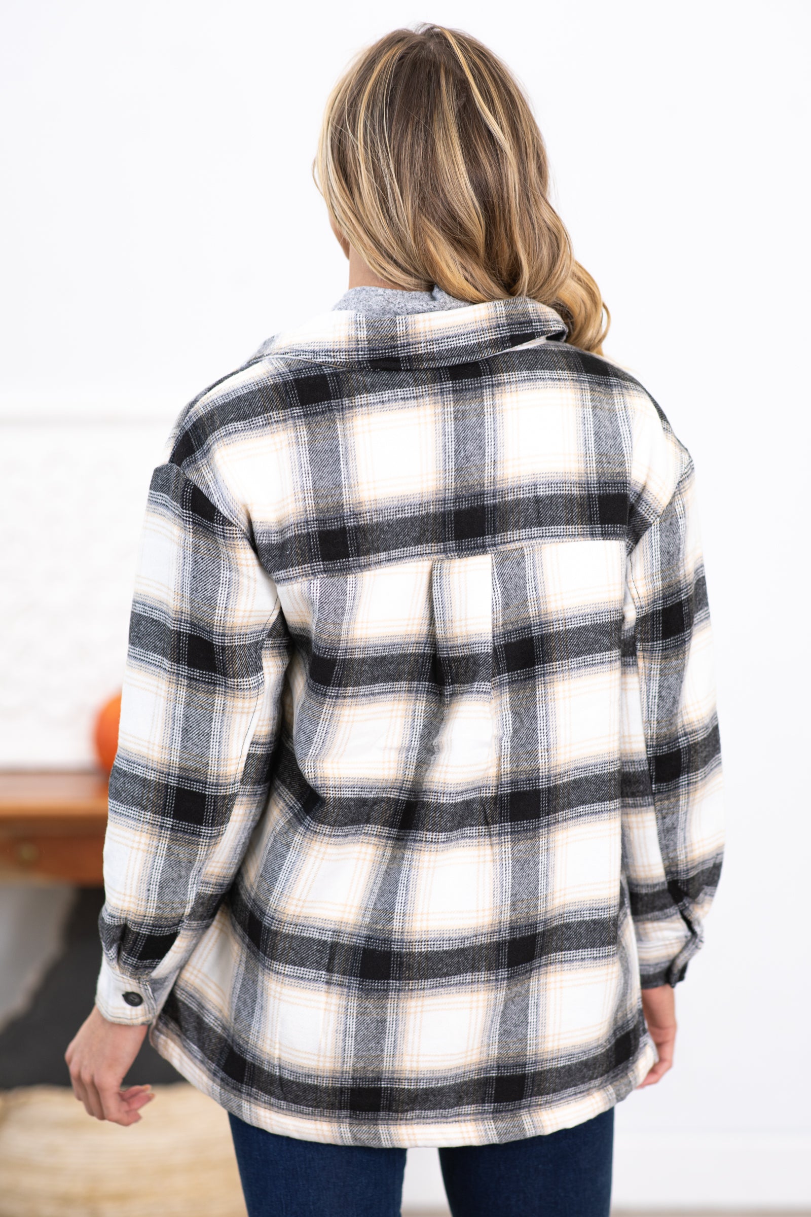 Black and Ivory Plaid Sherpa Lined Shacket