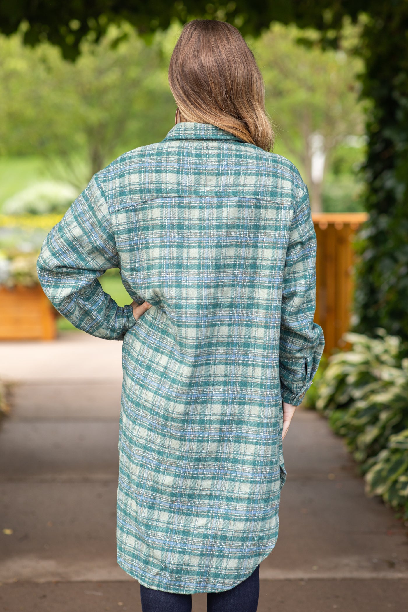 Sage and Dusty Blue Long Plaid Shacket