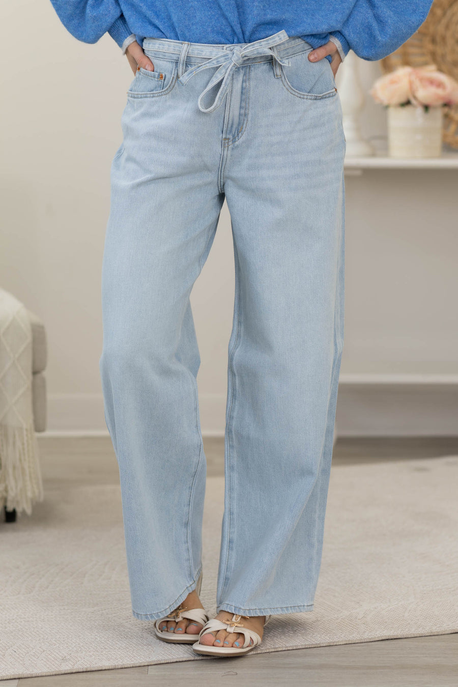 Light Denim Wash Pants with Tie at Waist