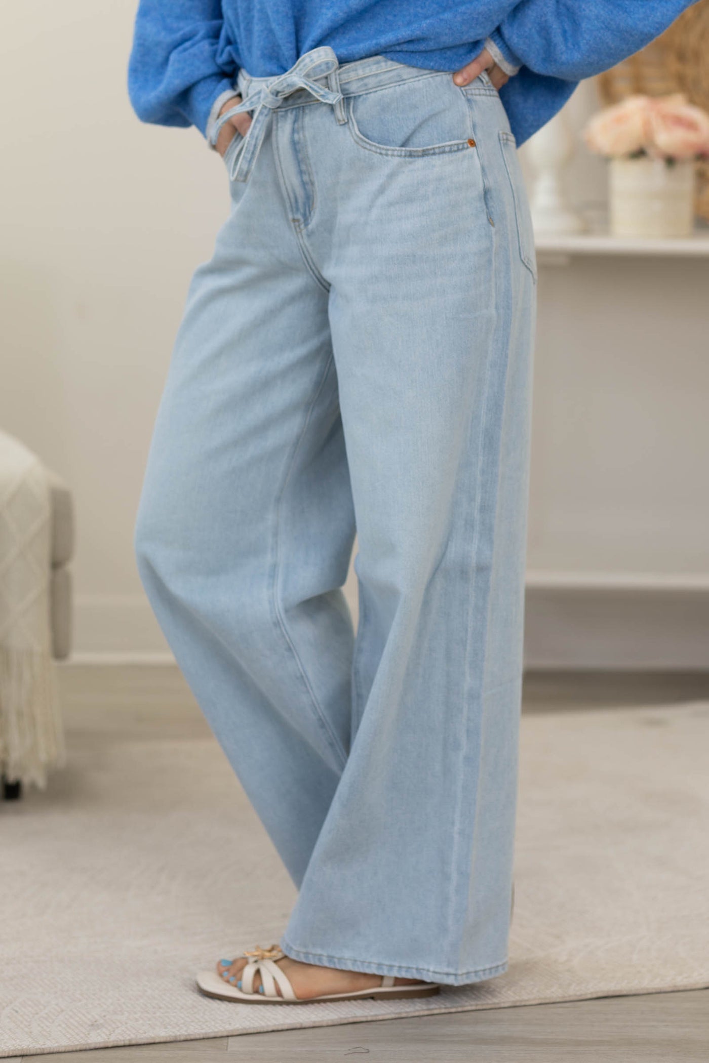 Light Denim Wash Pants with Tie at Waist