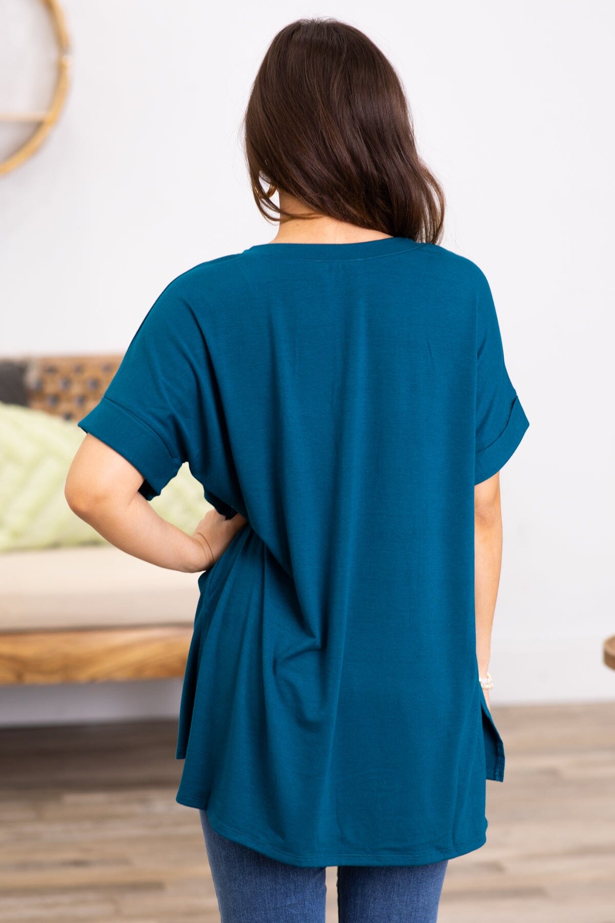 Teal V-Neck Top With Side Slits - Filly Flair