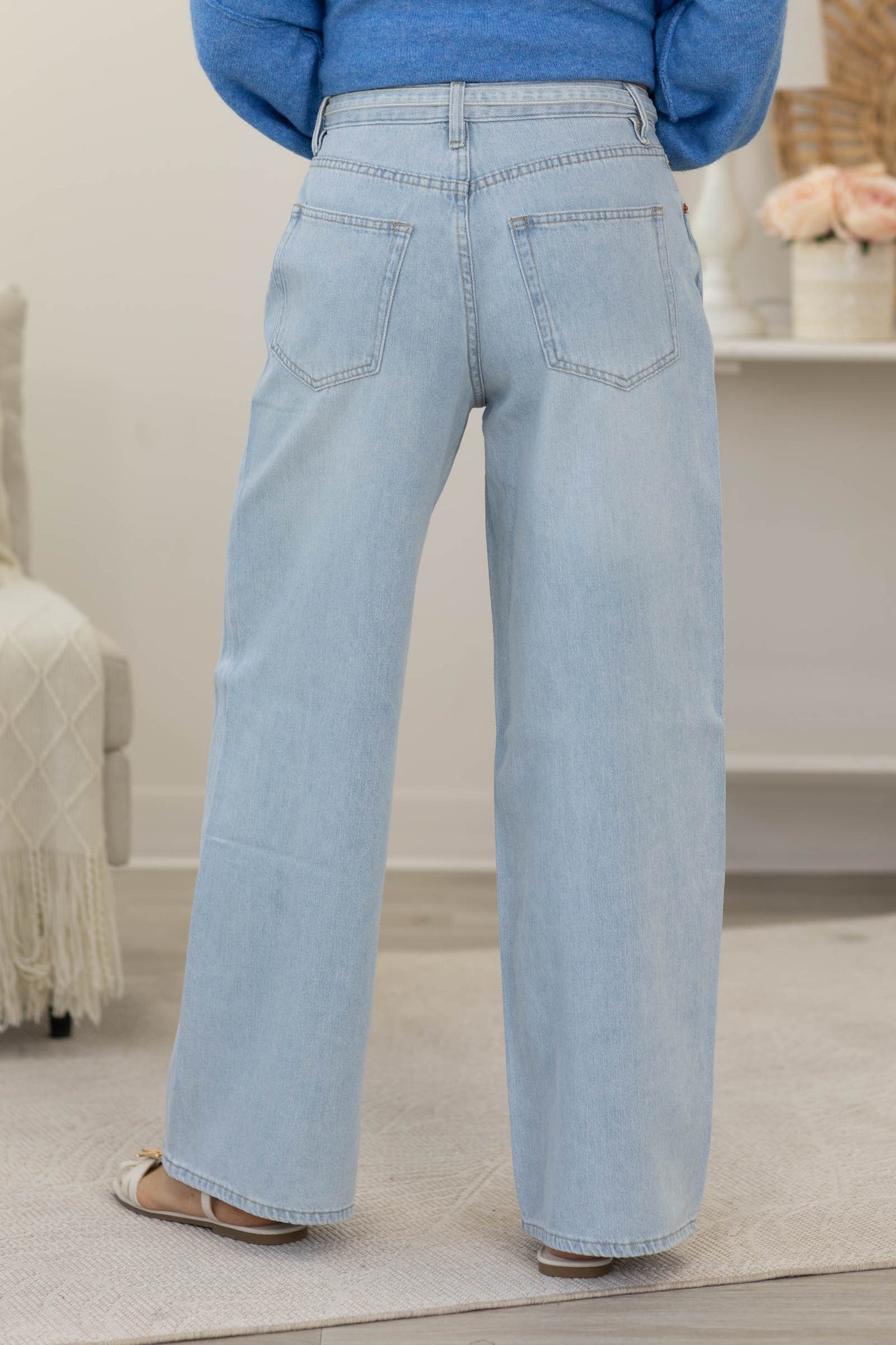 Light Denim Wash Pants with Tie at Waist