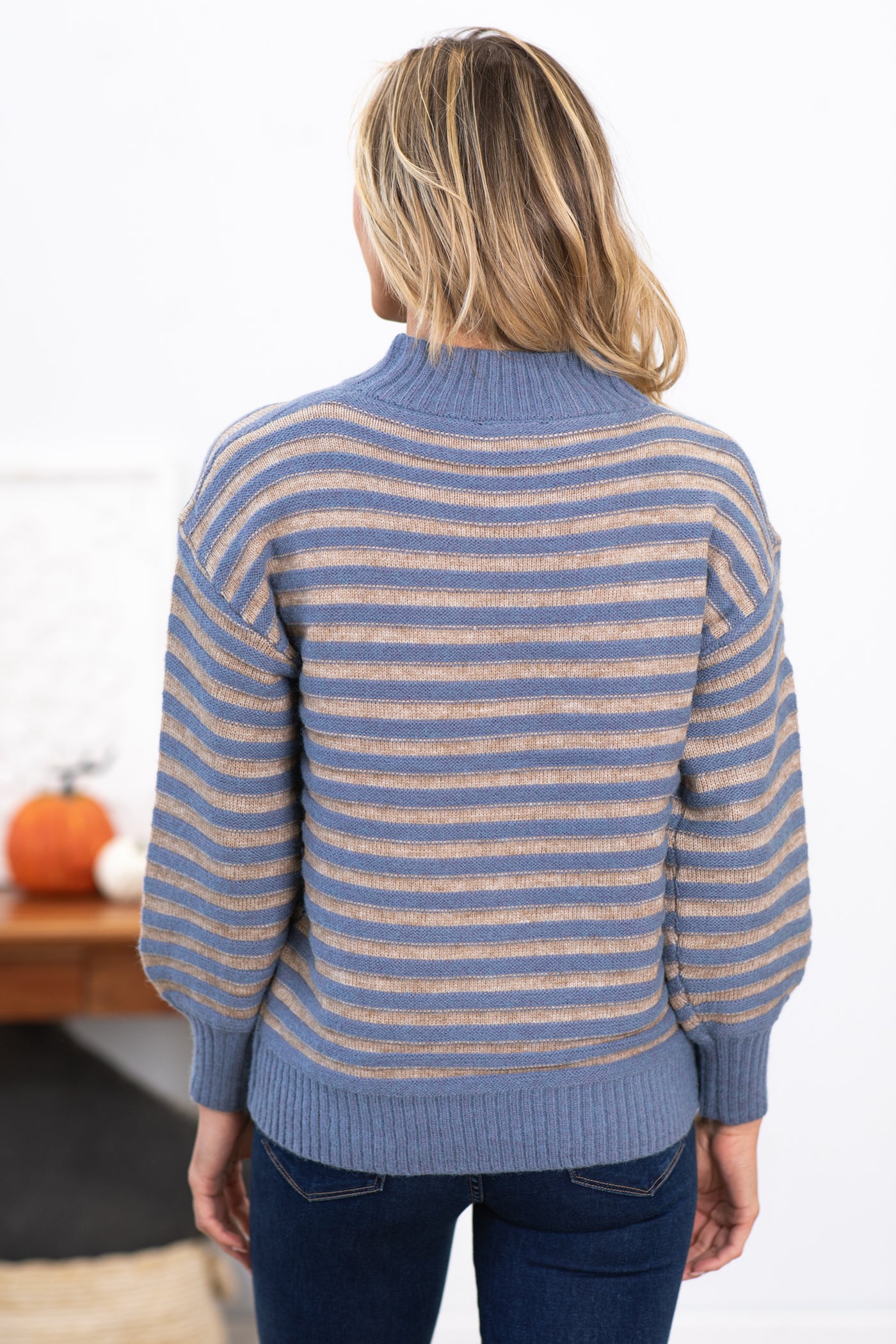 Dusty Blue and Tan Stripe Mock Neck Sweater
