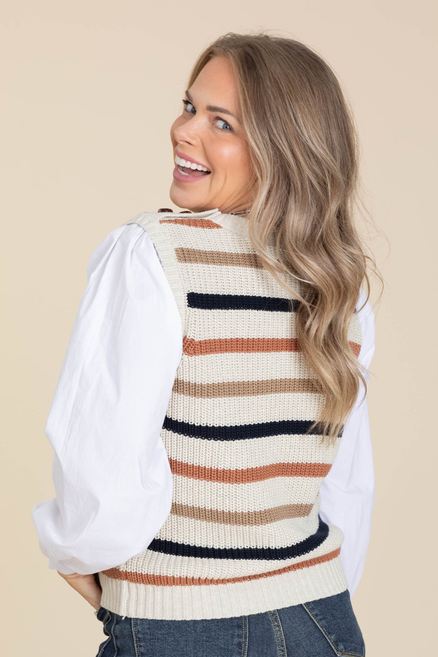 Beige Stripe Sweater Vest With White Undershirt