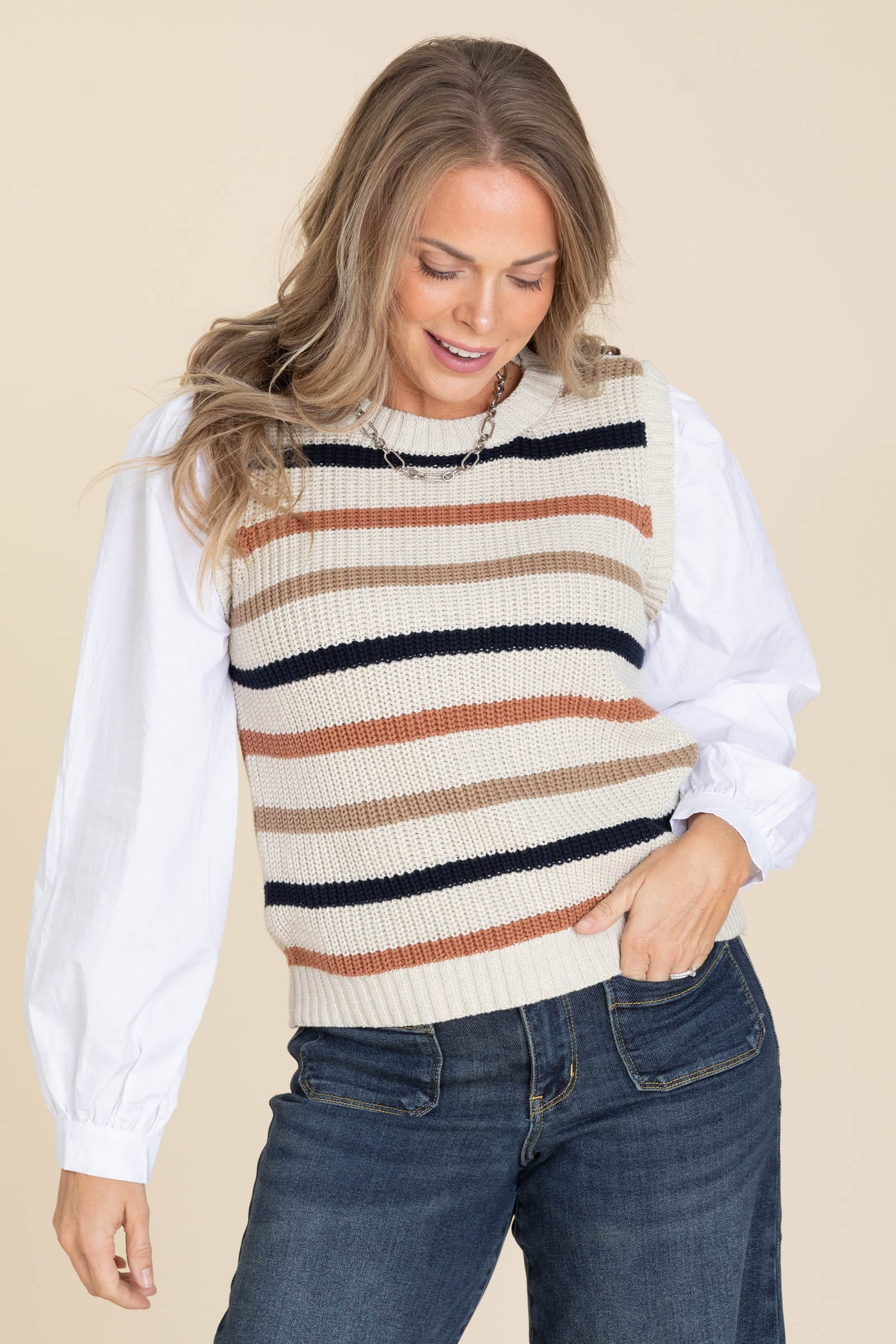 Beige Stripe Sweater Vest With White Undershirt