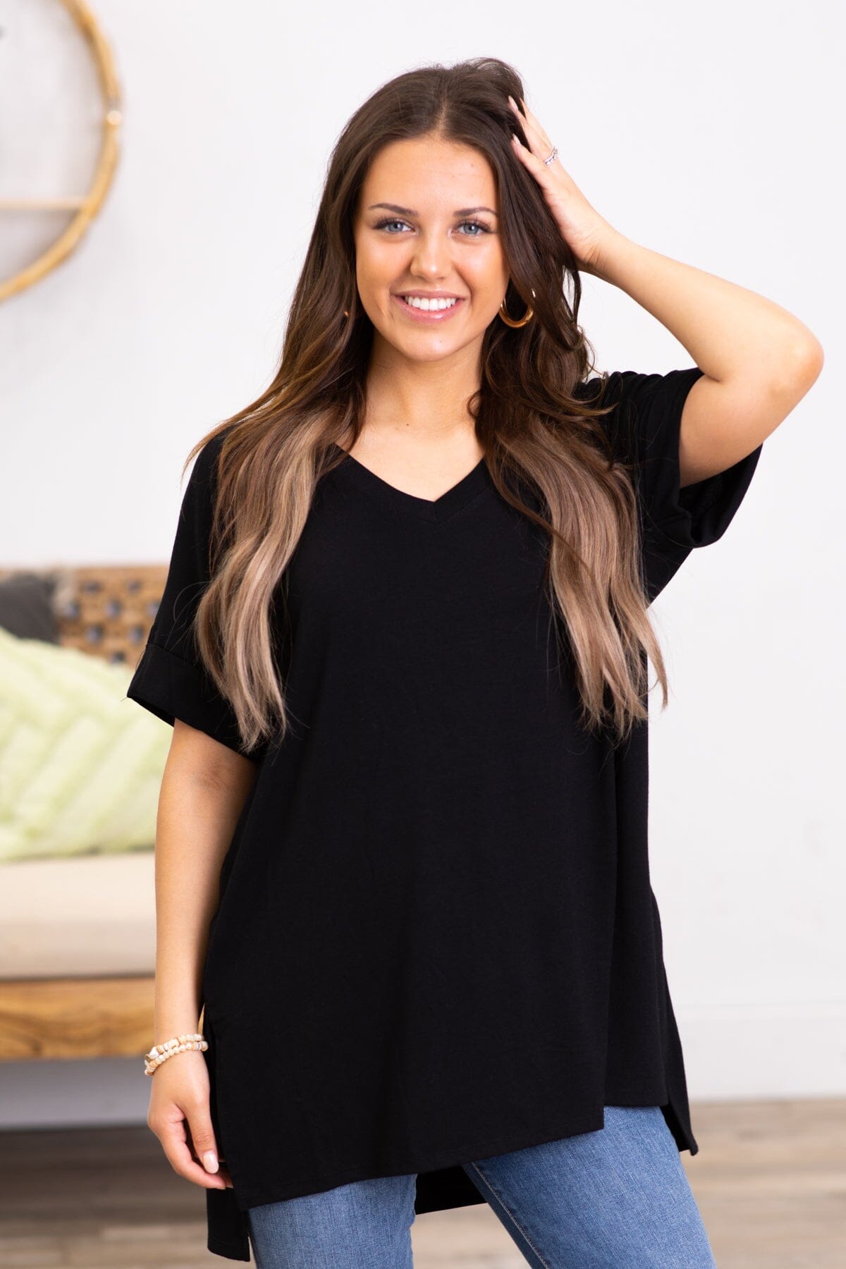 Black V-Neck Top With Side Slits - Filly Flair