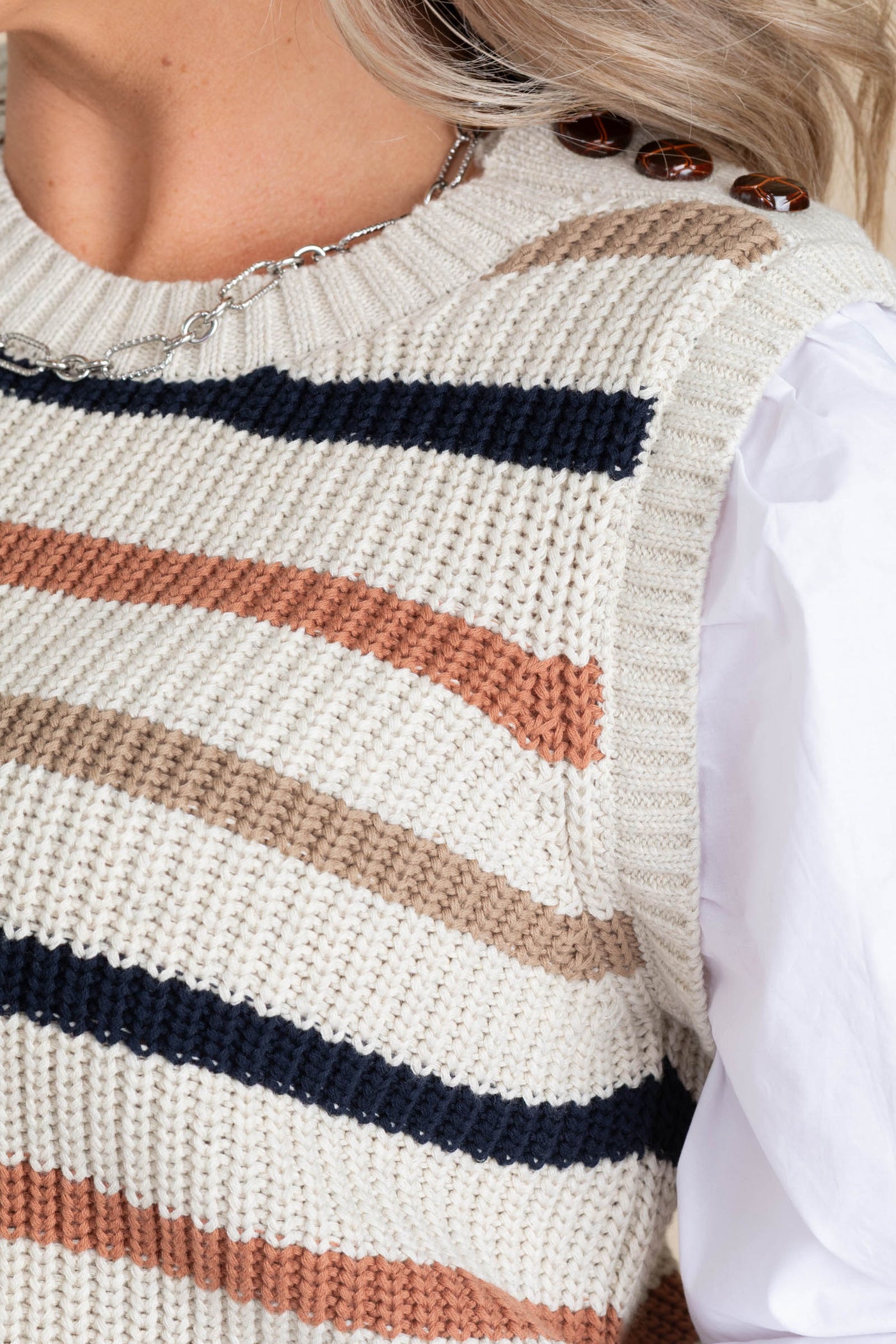 Beige Stripe Sweater Vest With White Undershirt