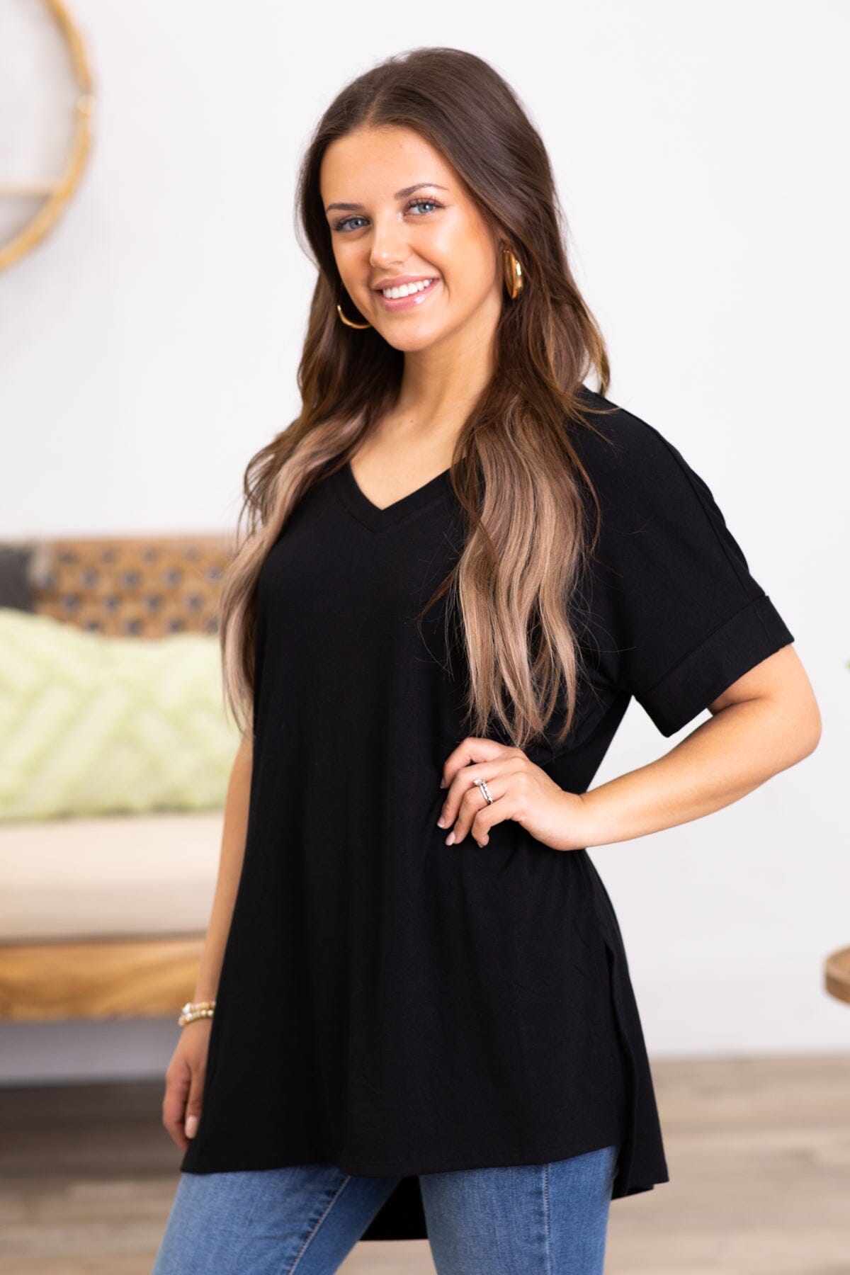 Black V-Neck Top With Side Slits - Filly Flair