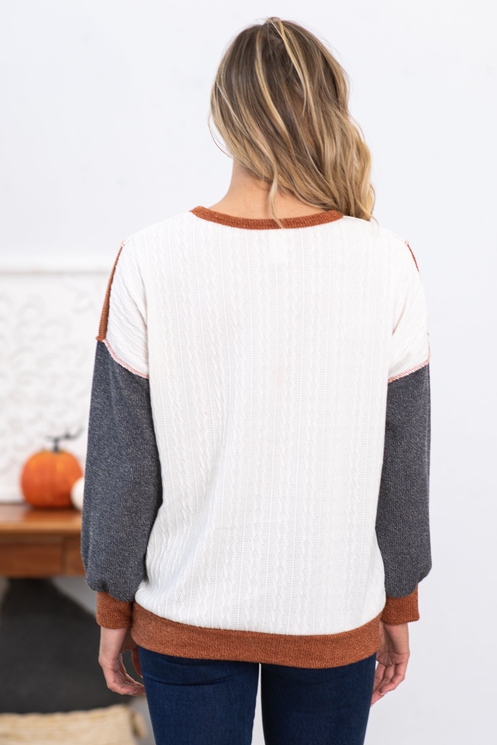 Rust and Charcoal Colorblock Top With Pocket