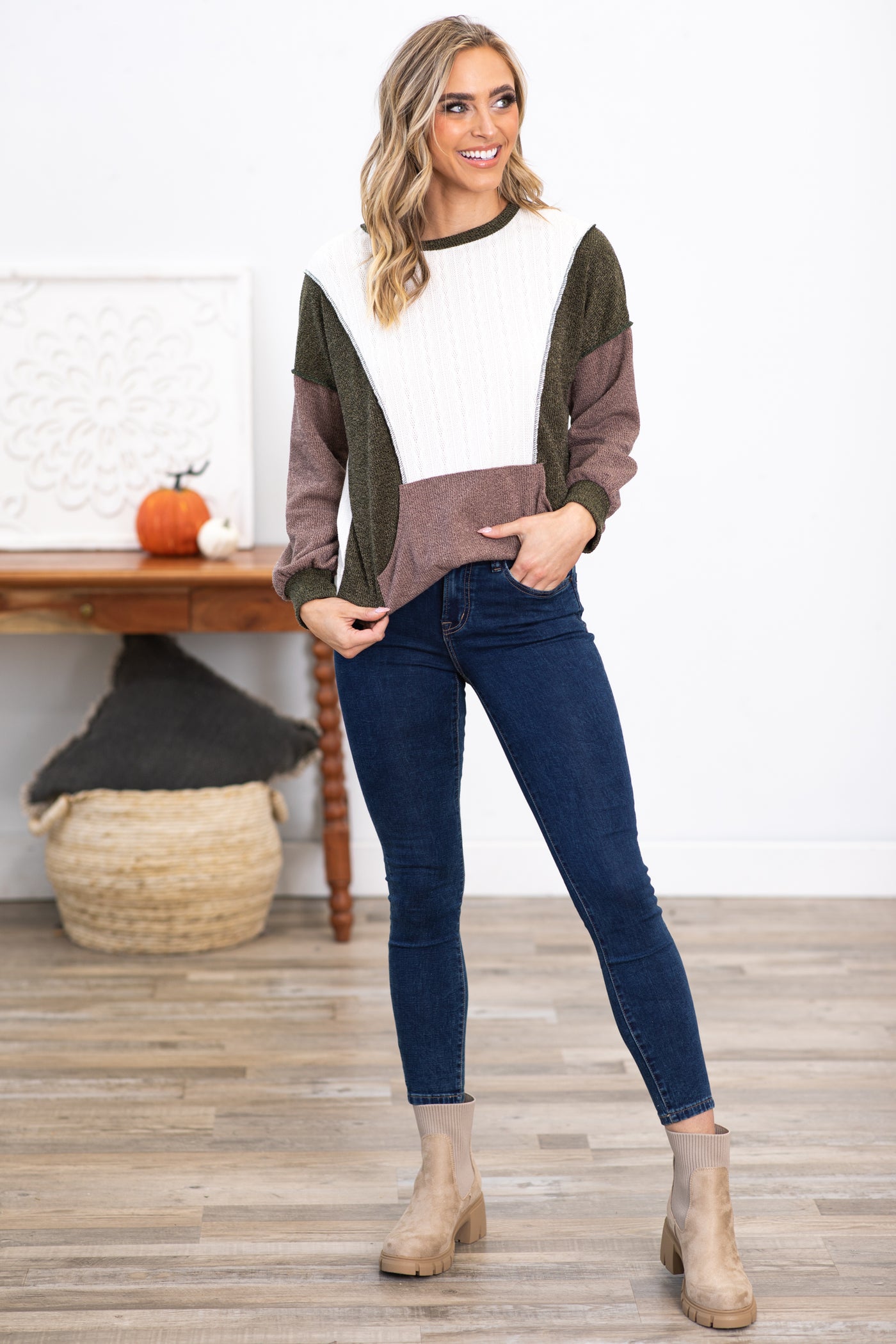 Olive and Mocha Colorblock Top With Pocket