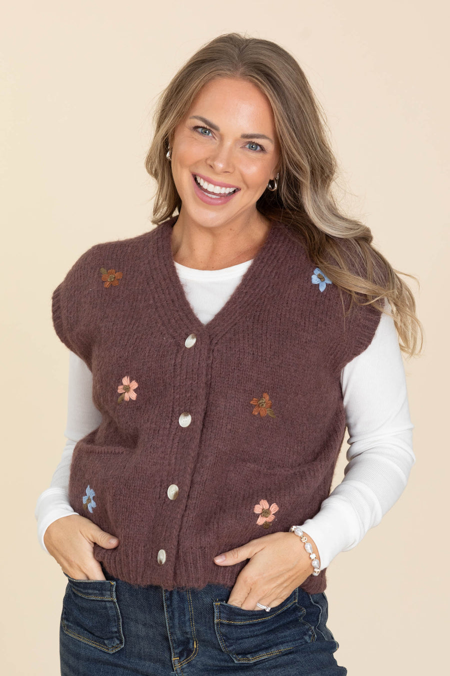 Mauve Brushed Floral Embroidered Button Vest