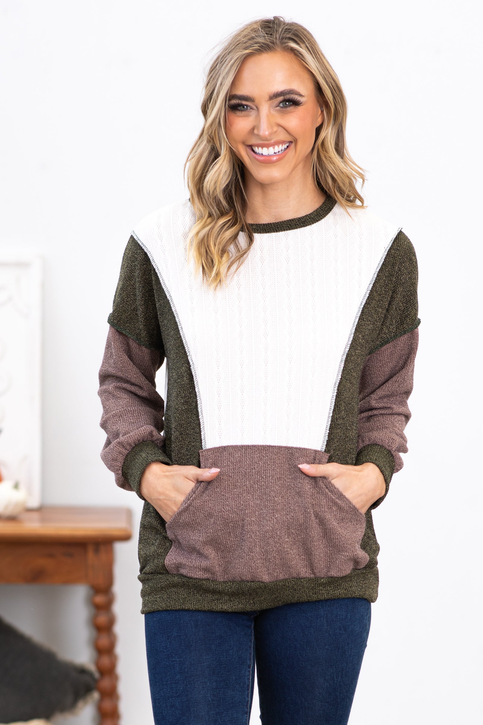 Olive and Mocha Colorblock Top With Pocket
