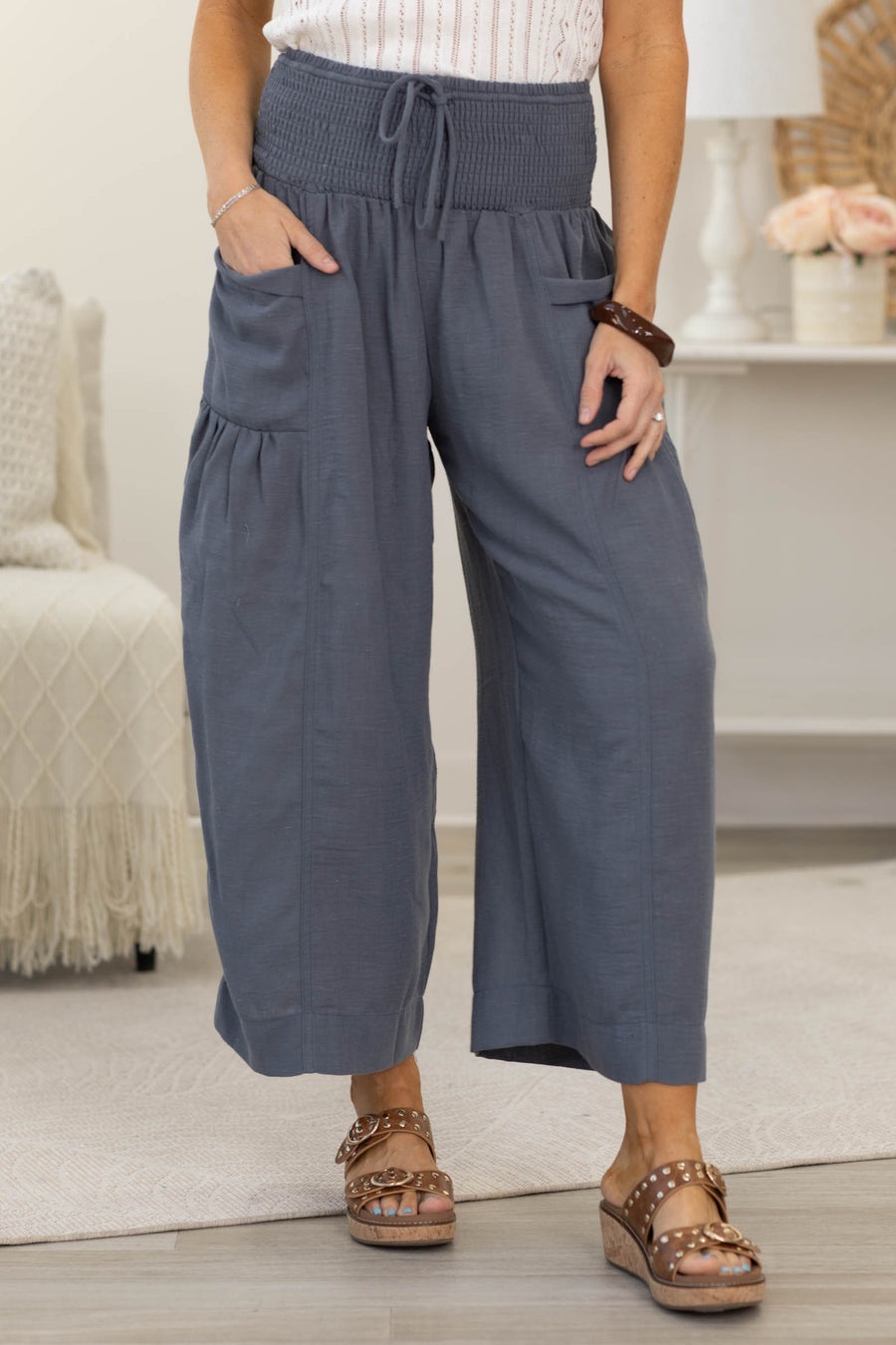Wide Leg Cropped Pants With Smocking