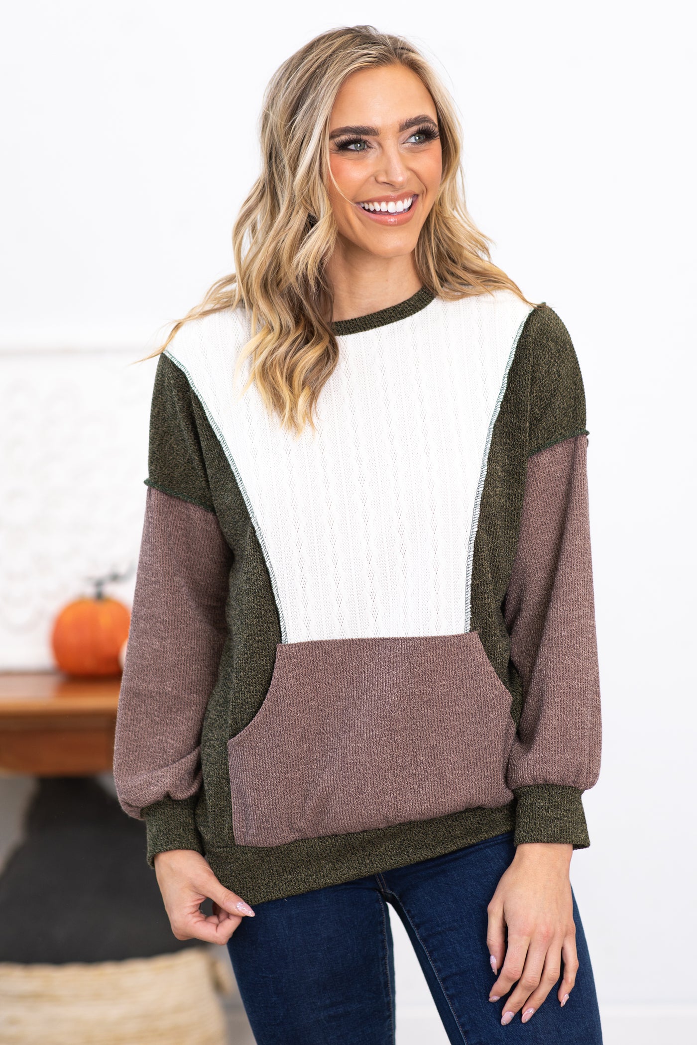 Olive and Mocha Colorblock Top With Pocket · Filly Flair