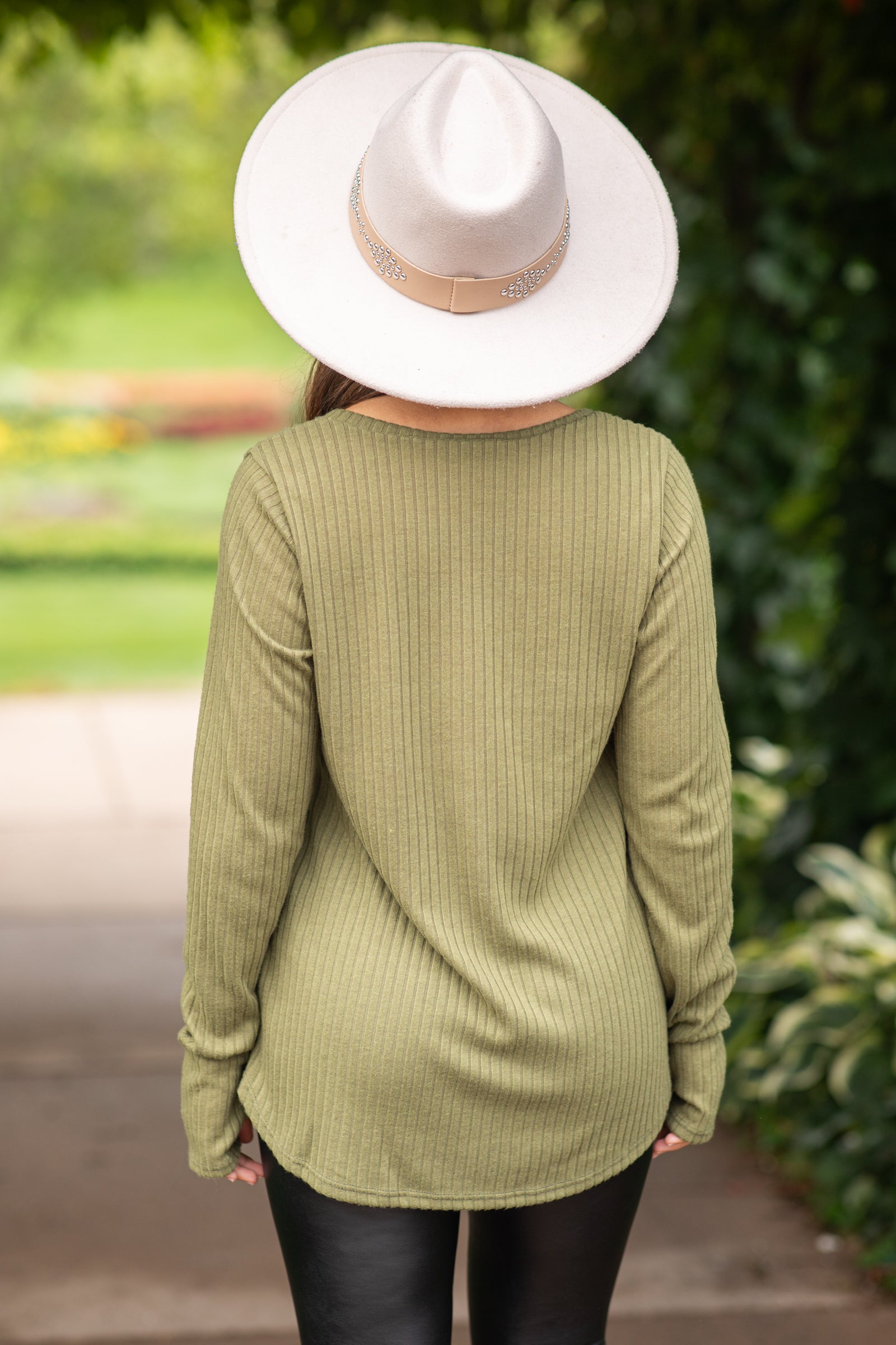 Olive V-Neck Ribbed Top With Thumbholes