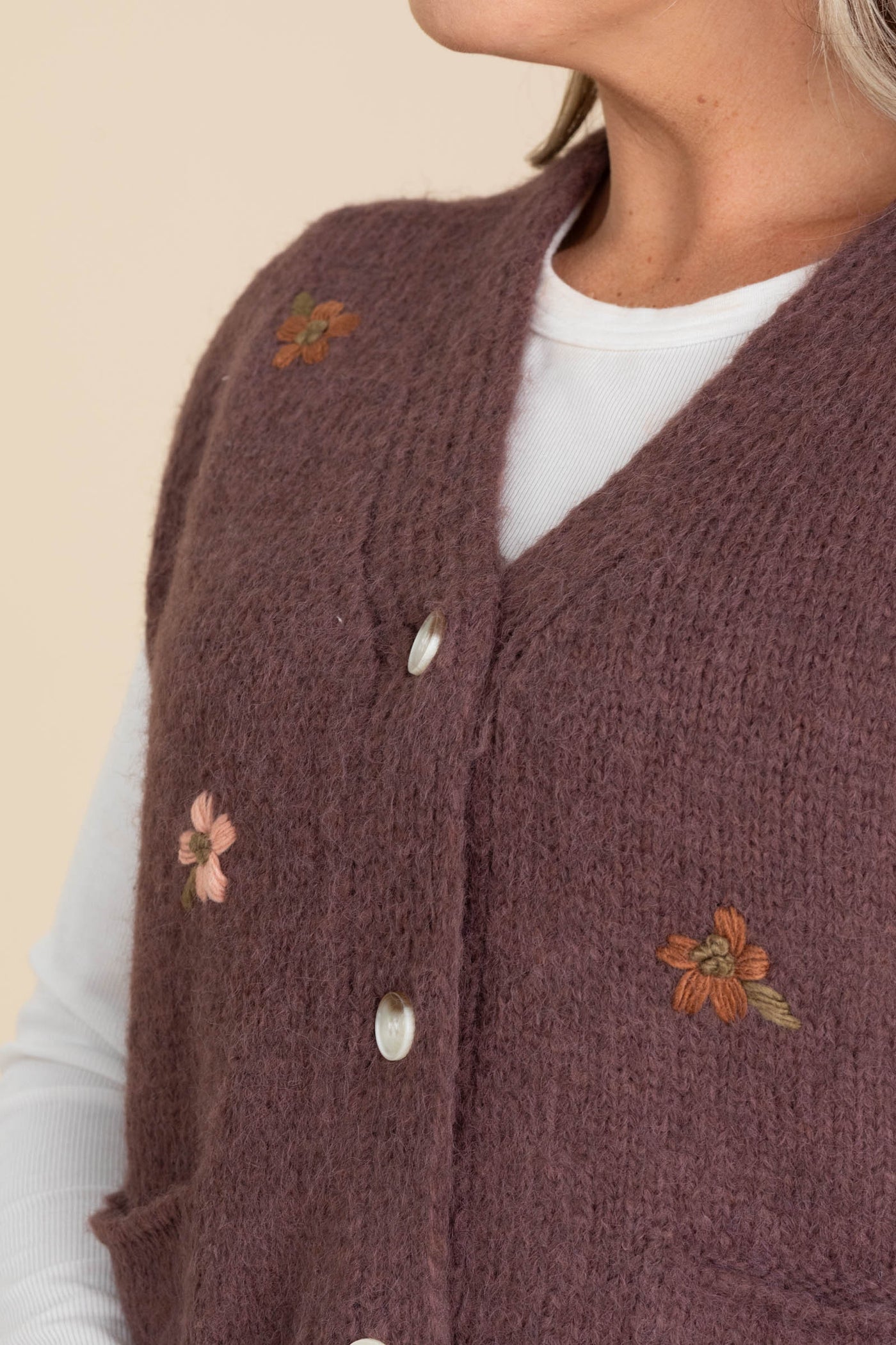 Mauve Brushed Floral Embroidered Button Vest