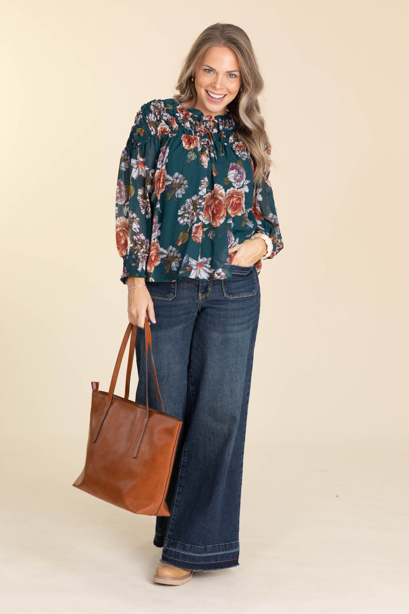 Teal Floral Smocked Tie Detail Woven Top