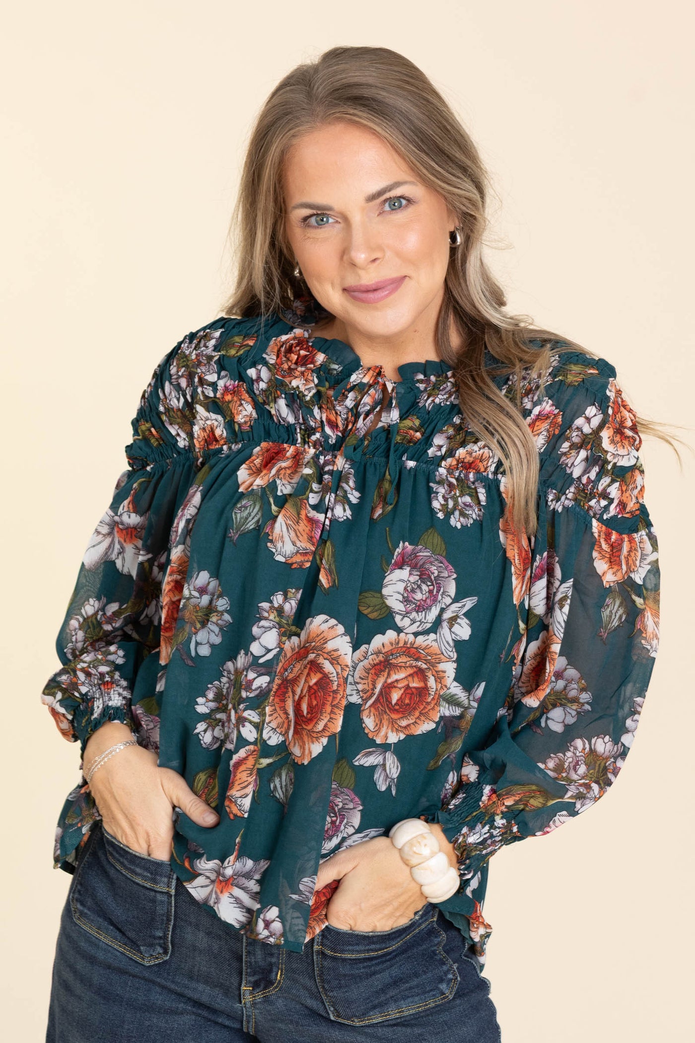 Teal Floral Smocked Tie Detail Woven Top