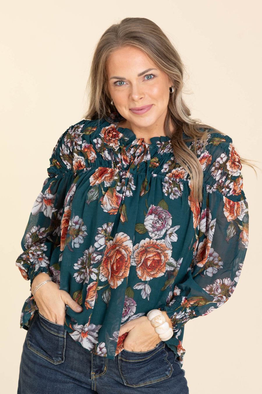 Teal Floral Smocked Tie Detail Woven Top