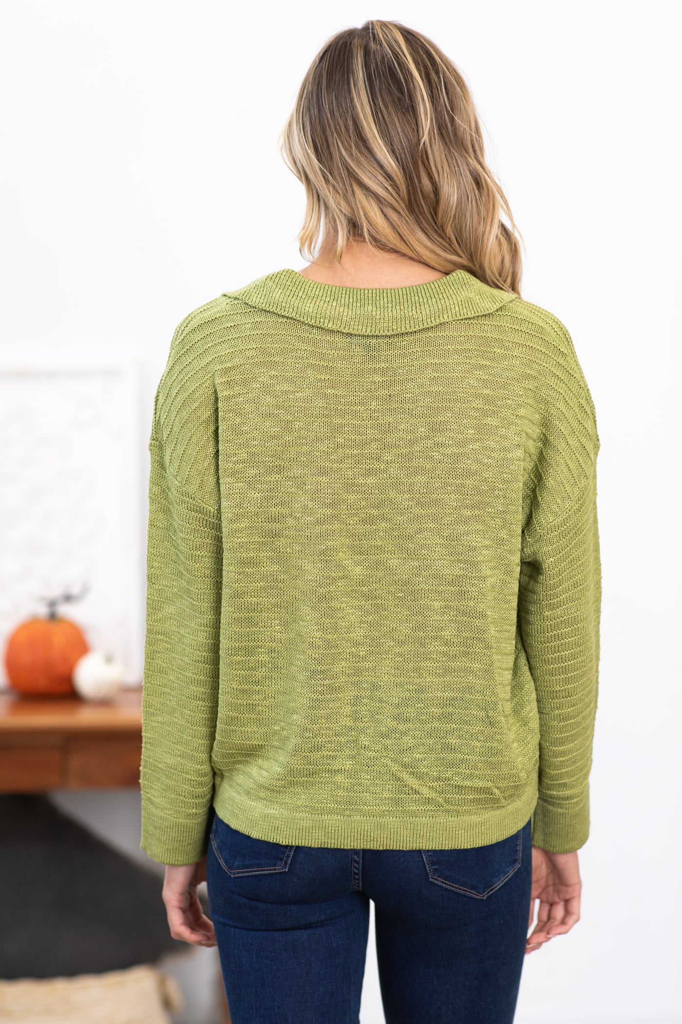 Light Olive Textured Sweater With Collar
