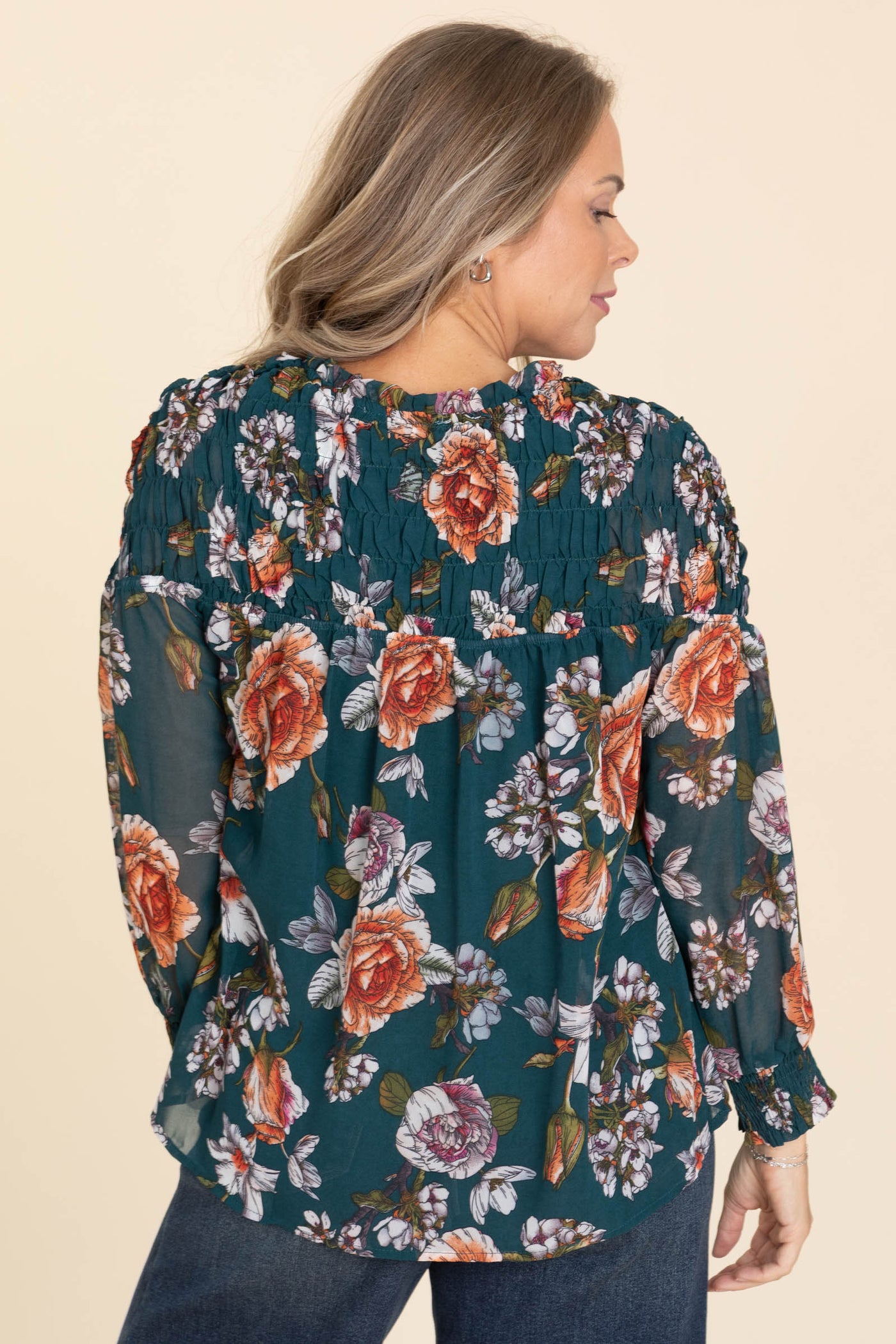 Teal Floral Smocked Tie Detail Woven Top