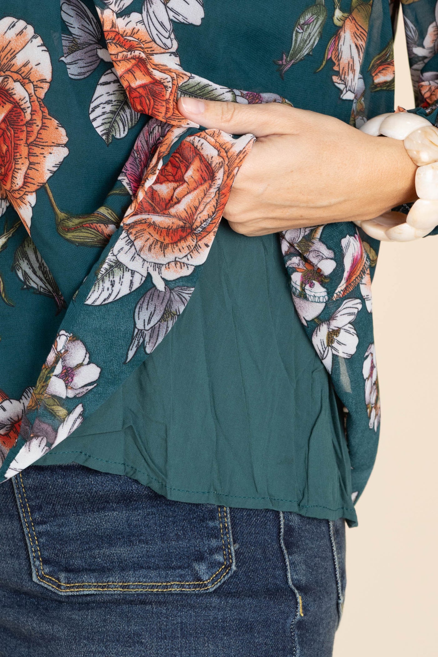 Teal Floral Smocked Tie Detail Woven Top