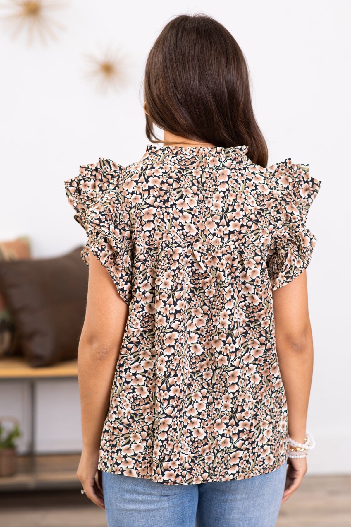 Black and Tan Floral Print Notch Neck Top - Filly Flair