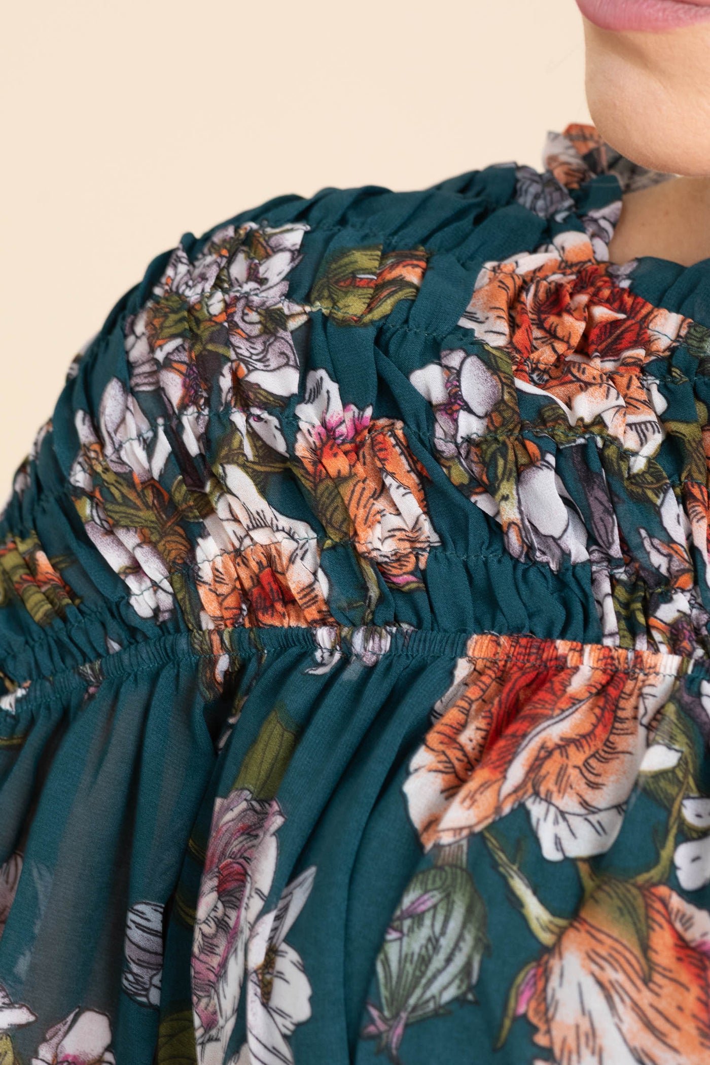 Teal Floral Smocked Tie Detail Woven Top