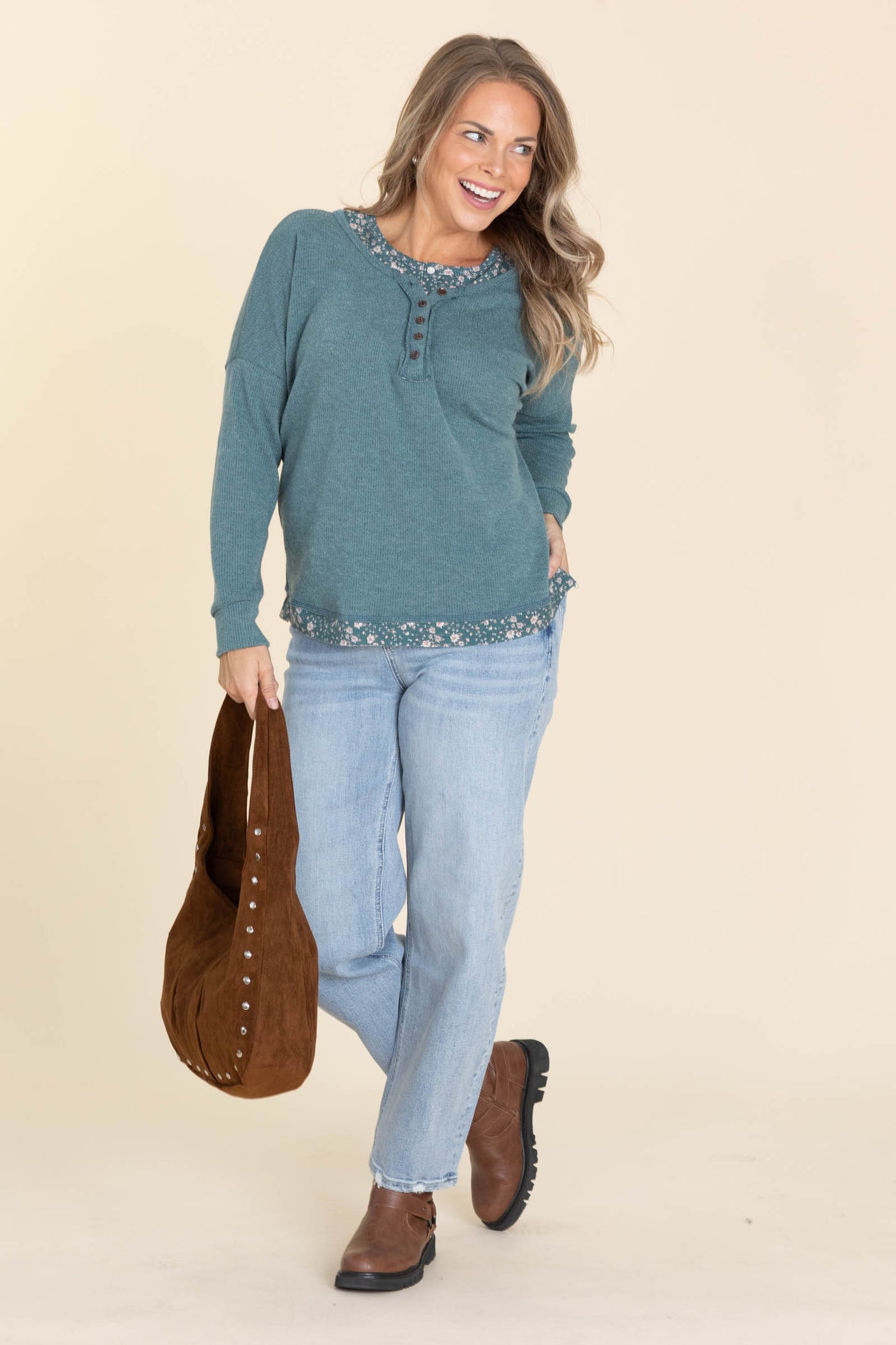 Teal Knit Henley Top With Floral Trim Detail