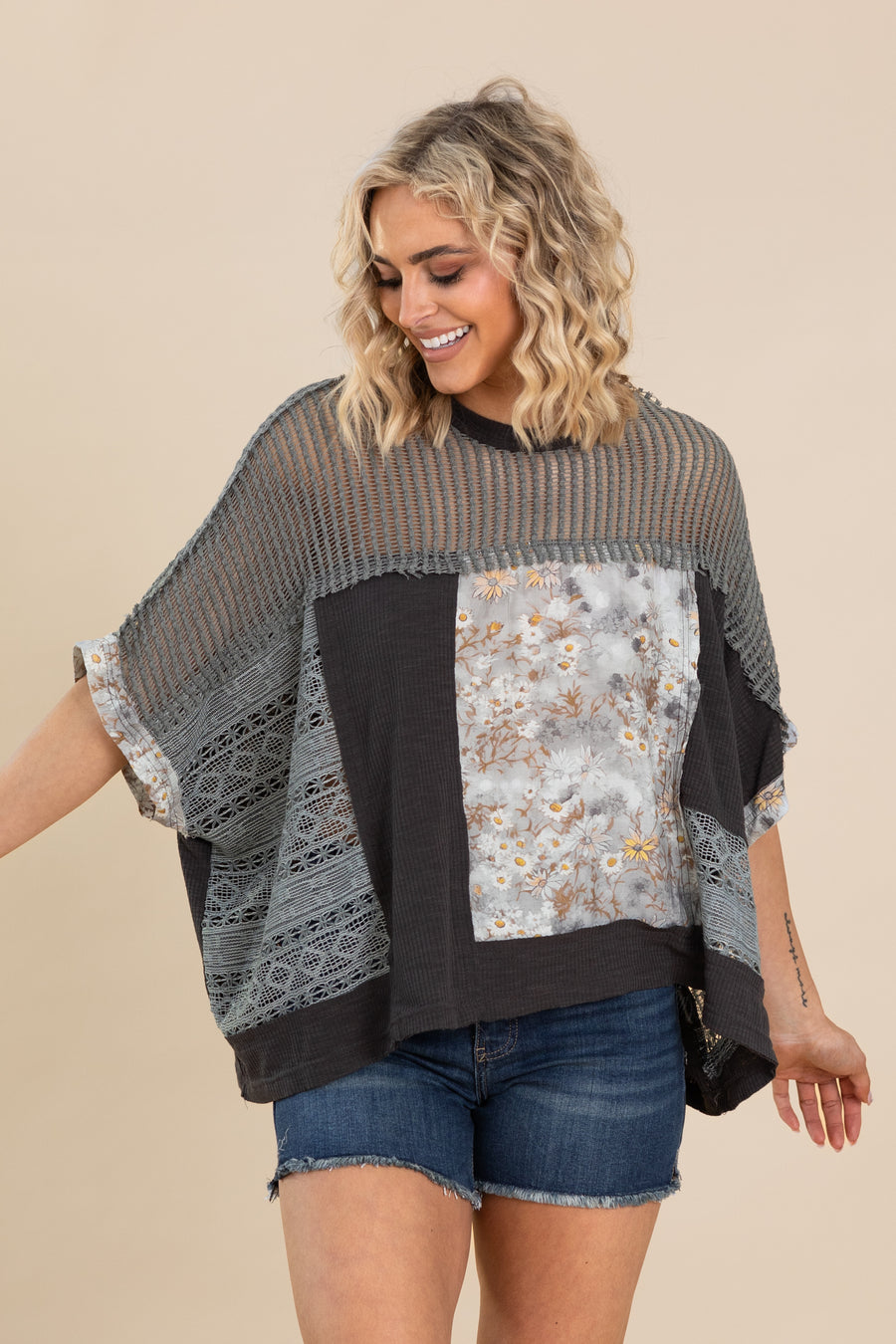 Charcoal Floral Pattern Rib Knit Top