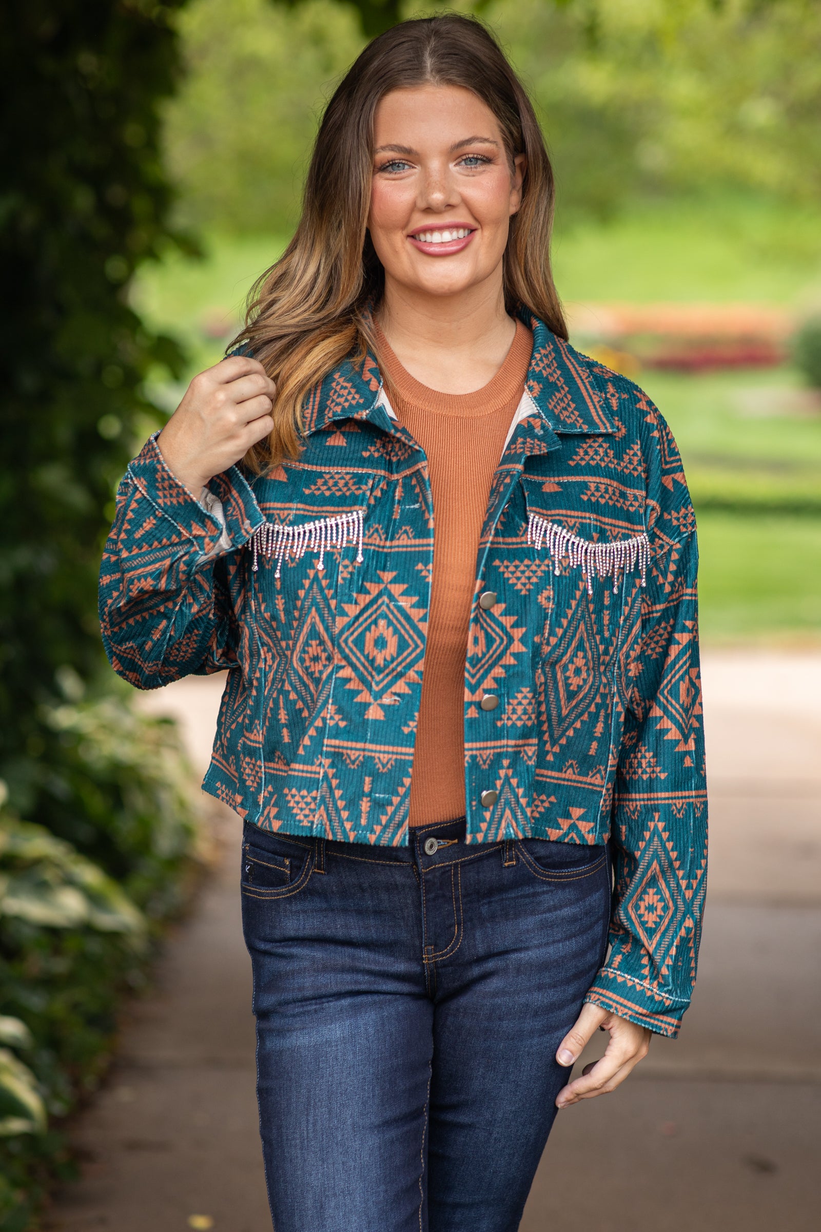 Teal and Cognac Aztec Print Jacket With Fringe