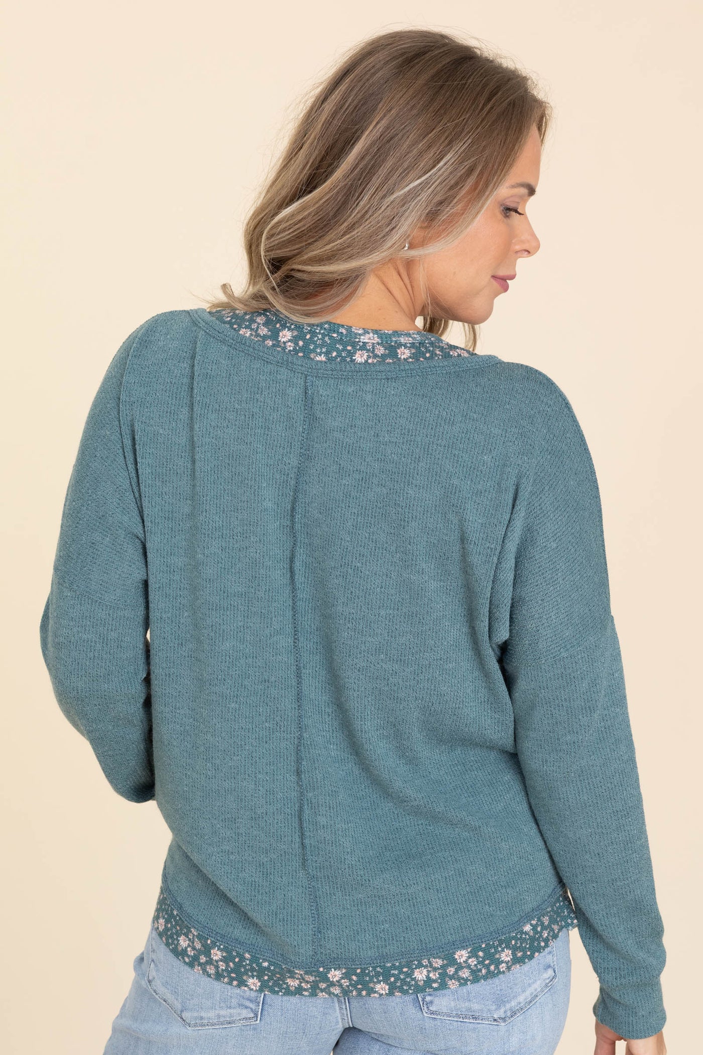 Teal Knit Henley Top With Floral Trim Detail