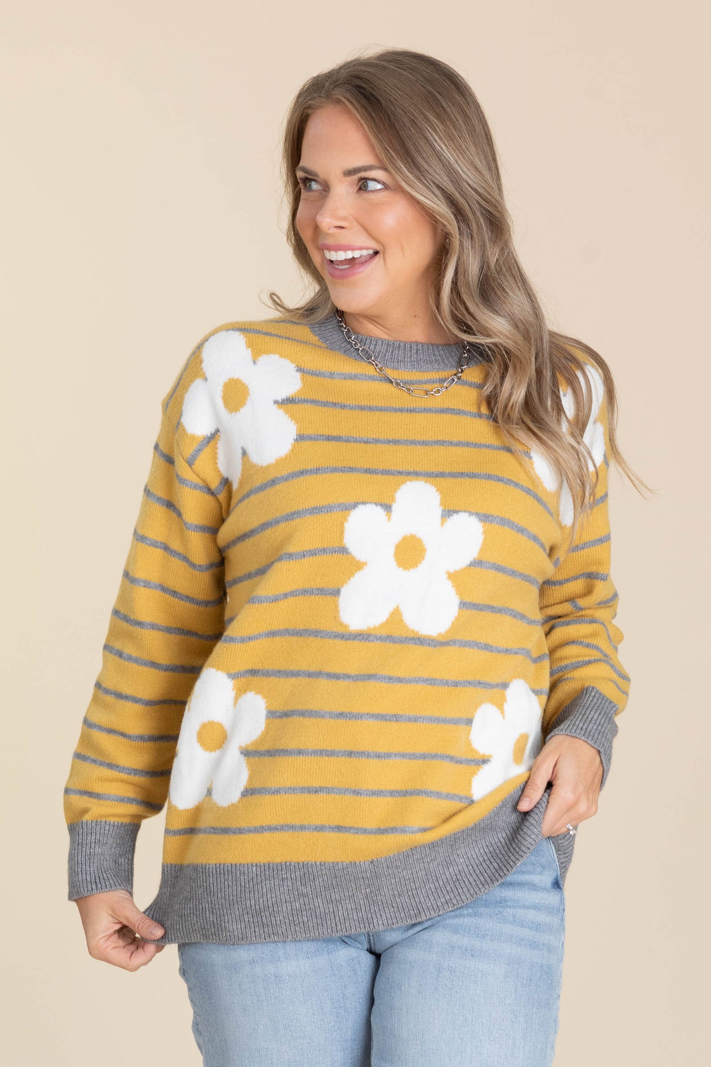 Mustard Daisy Patched Striped Sweater Top