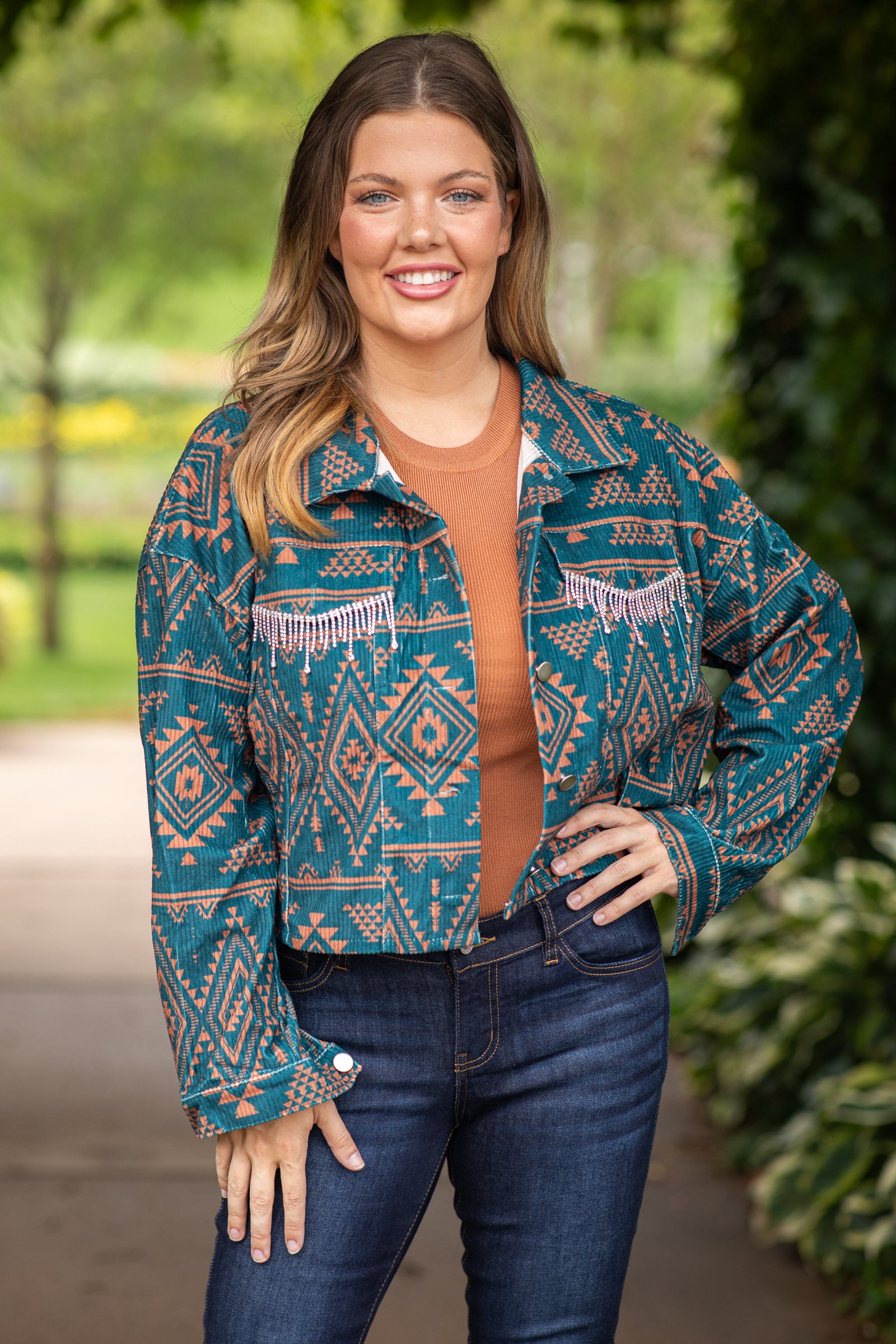 Teal and Cognac Aztec Print Jacket With Fringe
