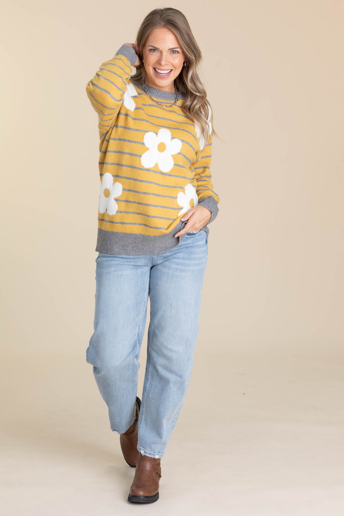 Mustard Daisy Patched Striped Sweater Top