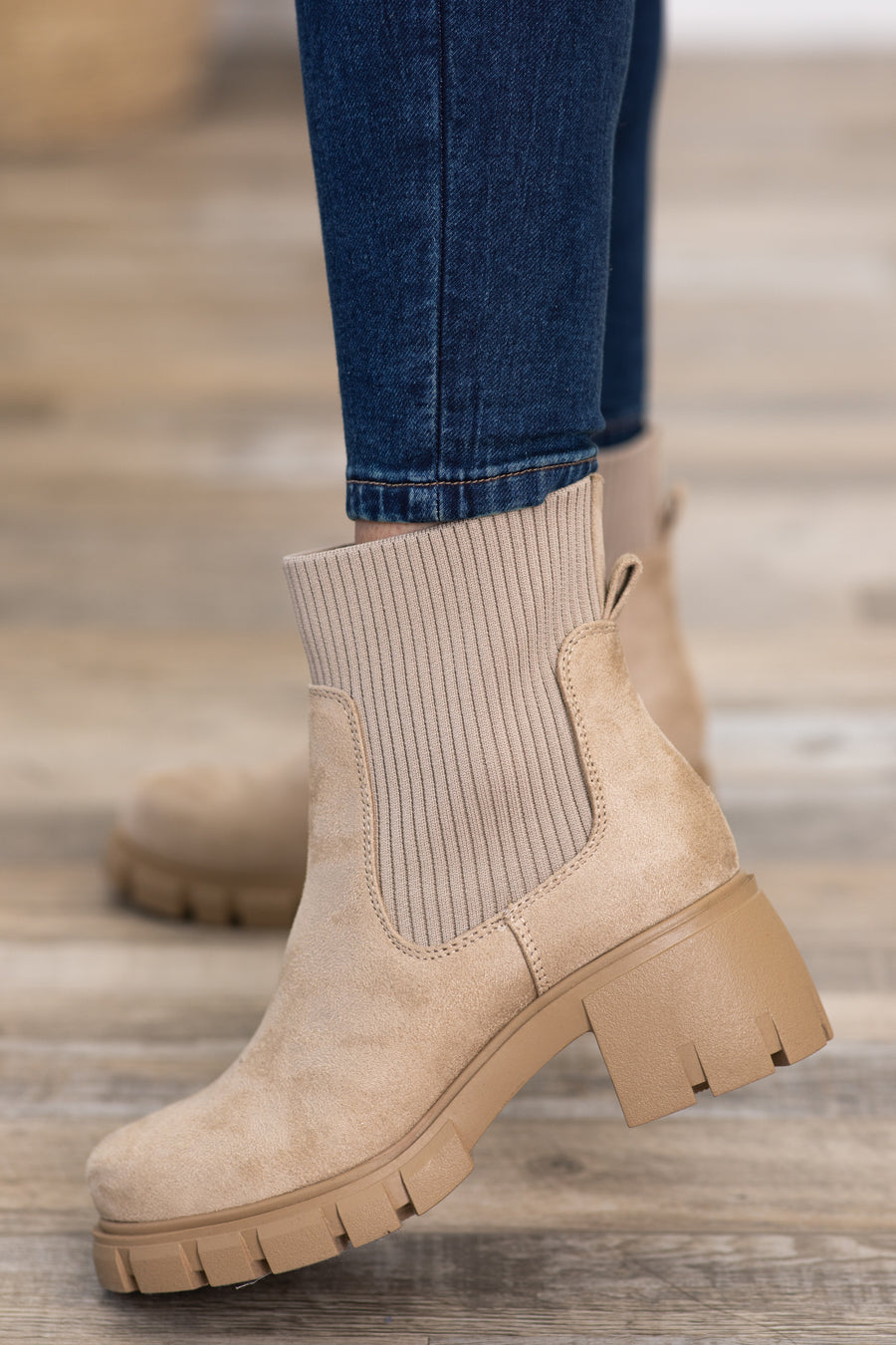 Beige Lug Sole Boots With Ribbed Trim