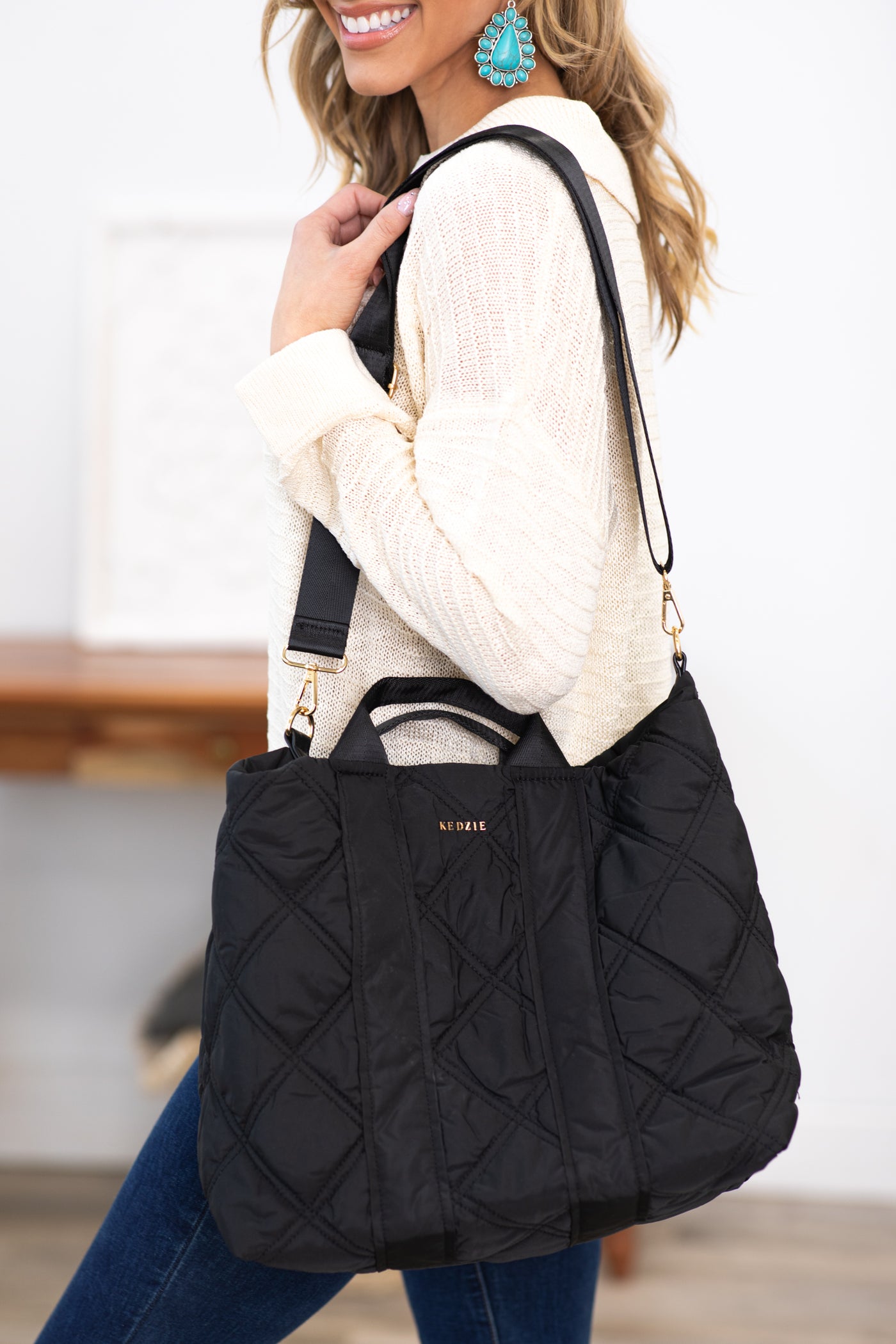 Black Quilted Tote Bag With Crossbody Strap