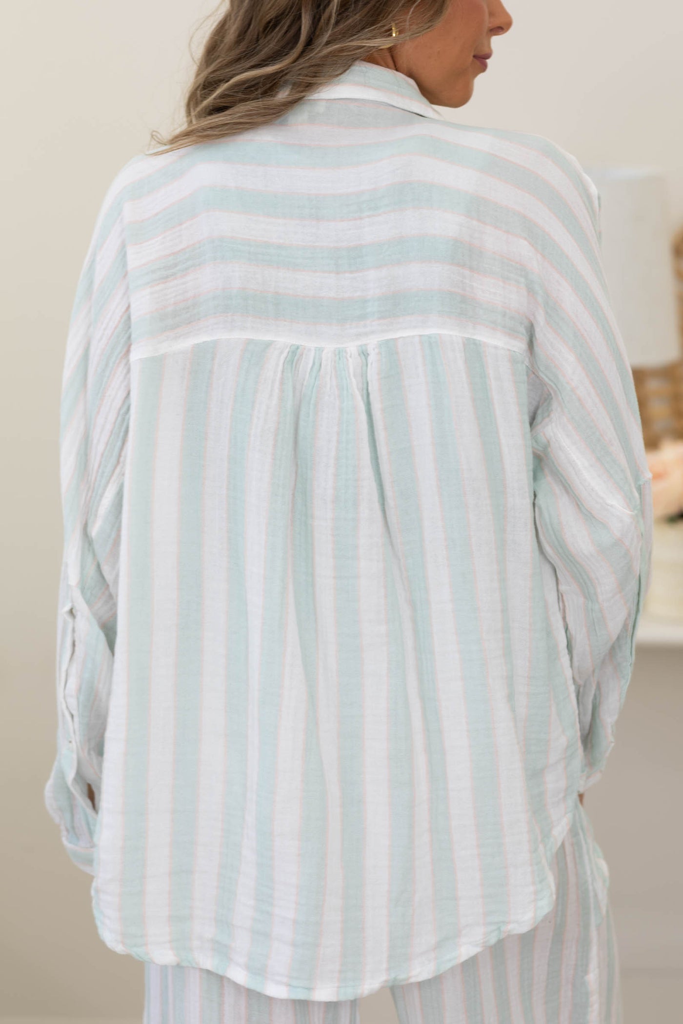 Soft Mint and White Button Up Striped Collared Top