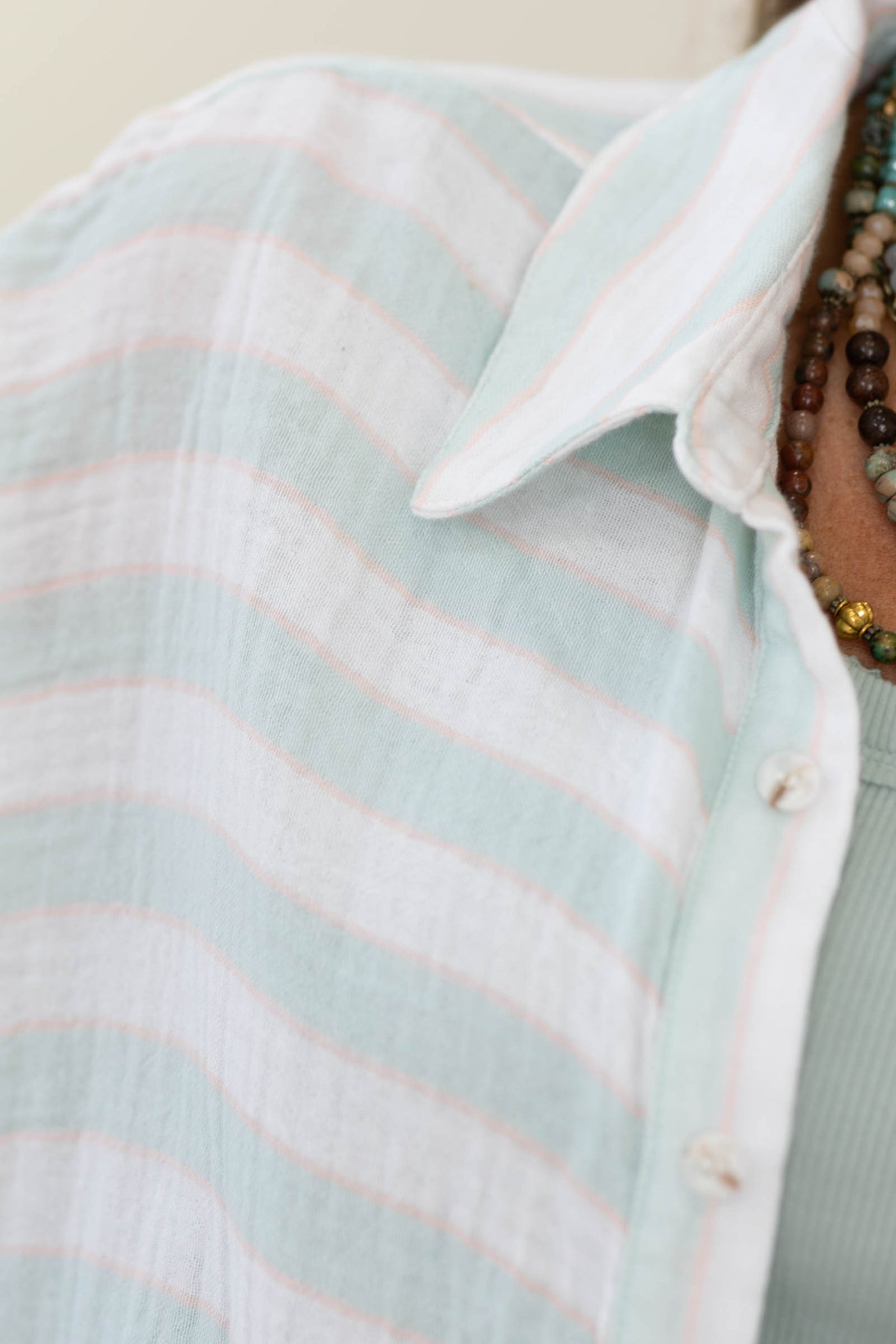 Soft Mint and White Button Up Striped Collared Top