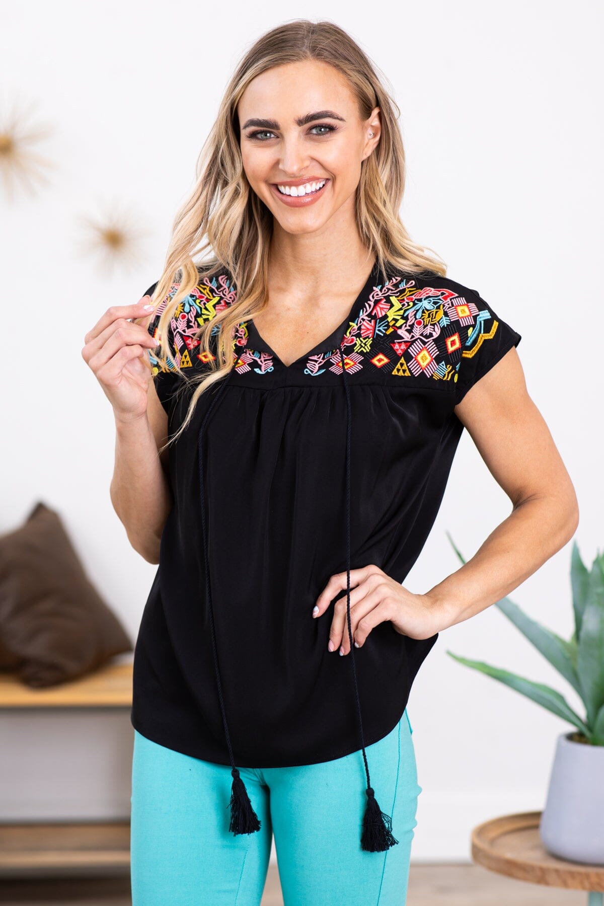 Black Multicolor Embroidered Yoke Top - Filly Flair