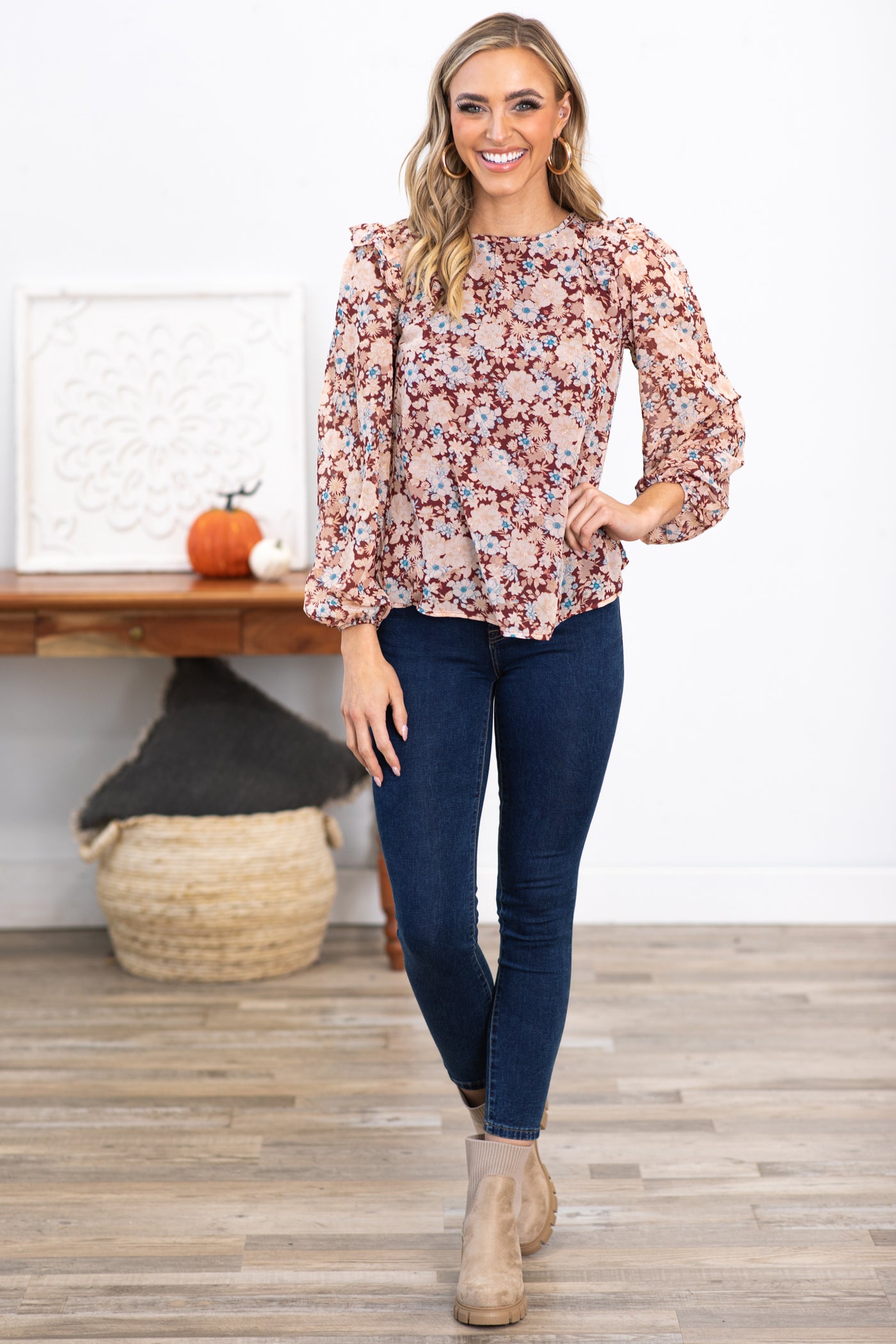 Wine and Tan Floral Top With Ruffle Trim