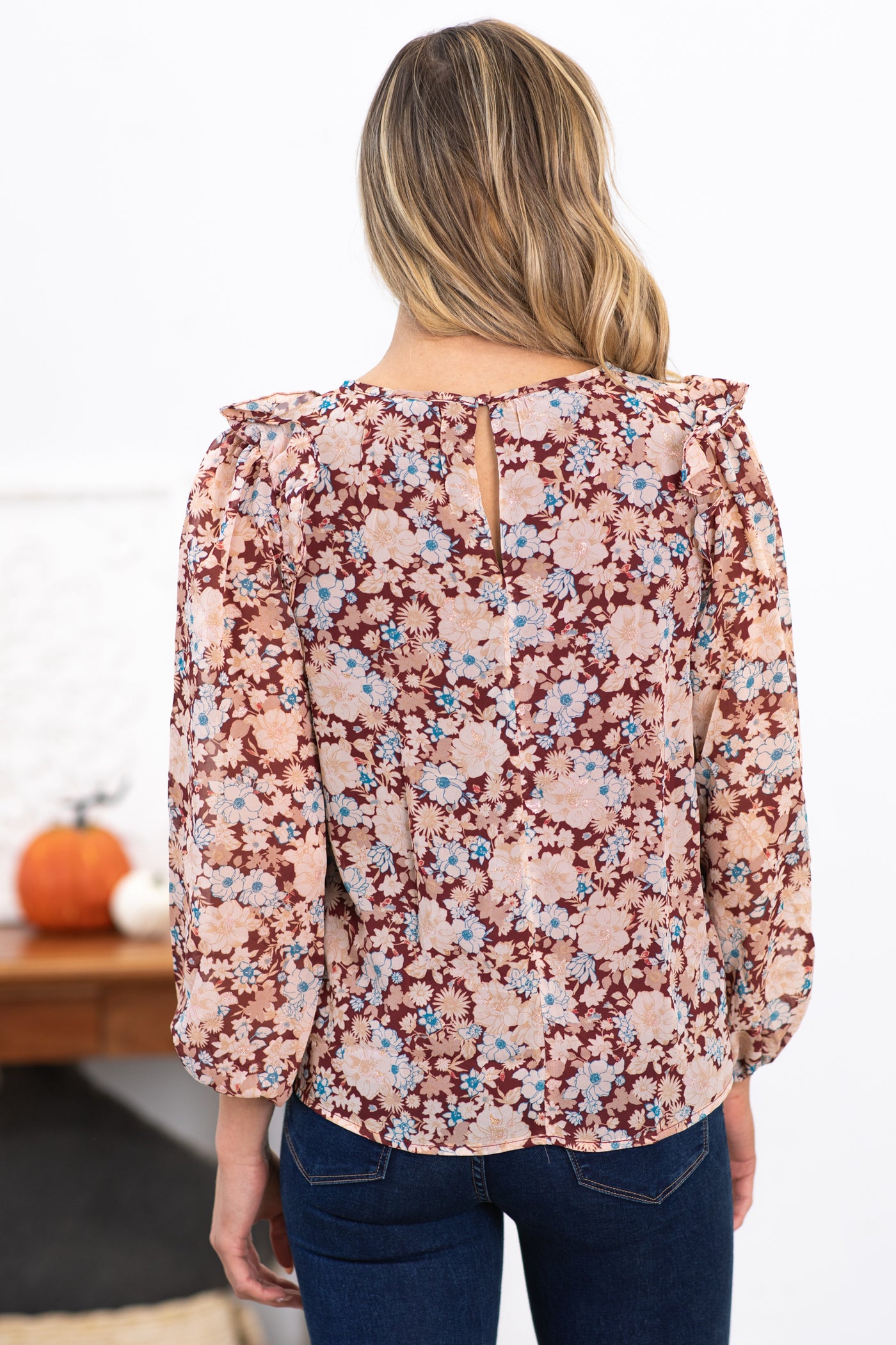 Wine and Tan Floral Top With Ruffle Trim