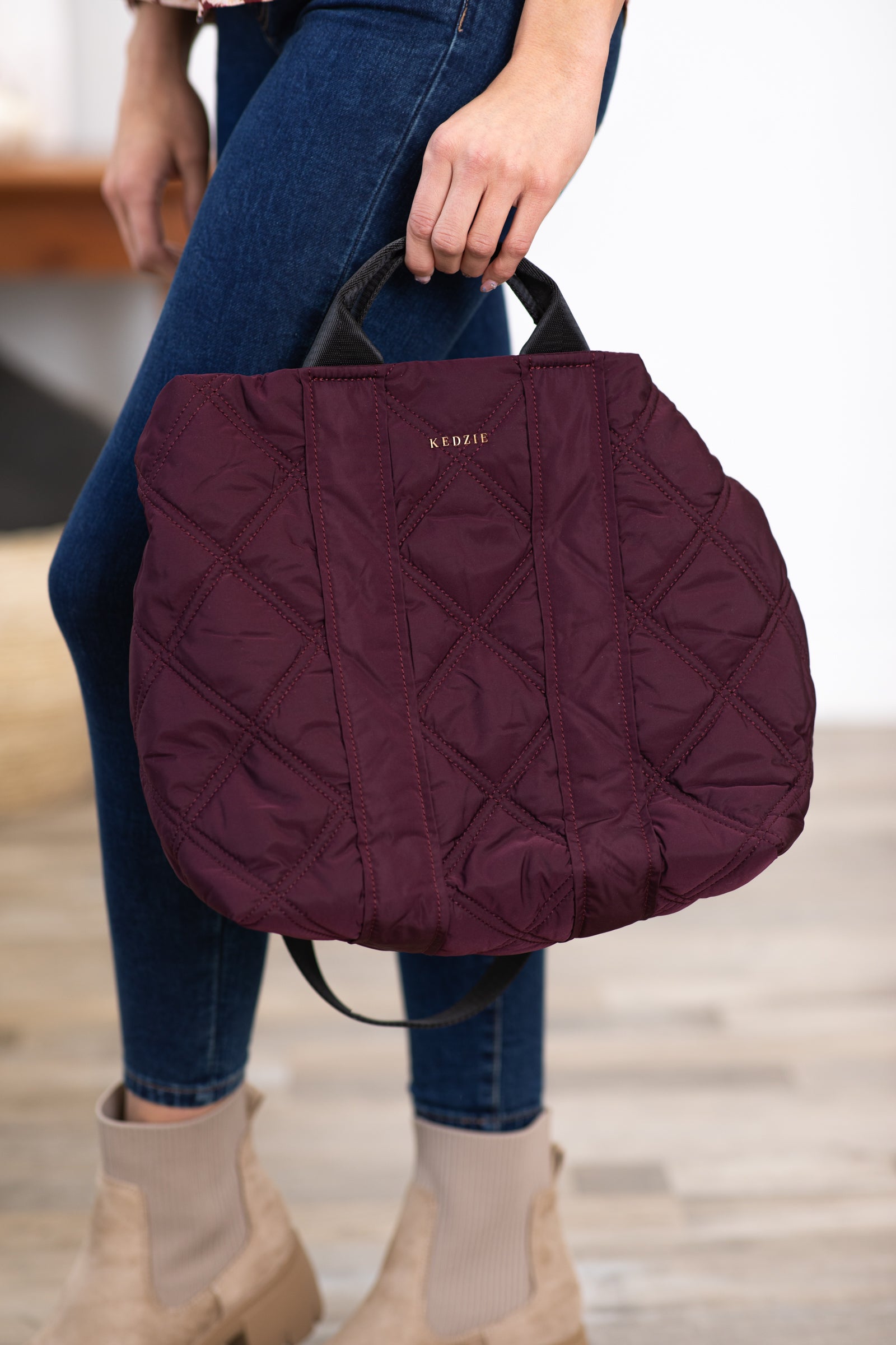 Berry Quilted Tote Bag With Crossbody Strap