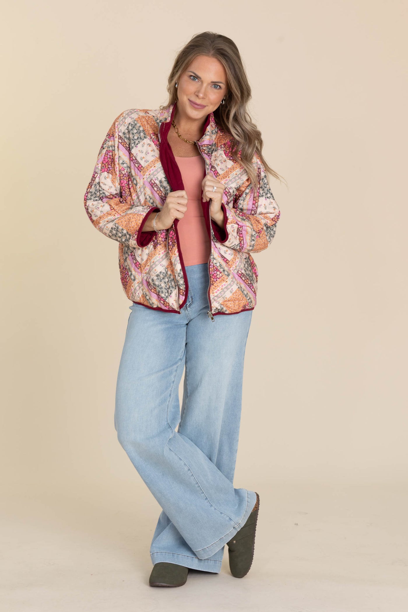 Burgundy Patch Print Light Padded Jacket