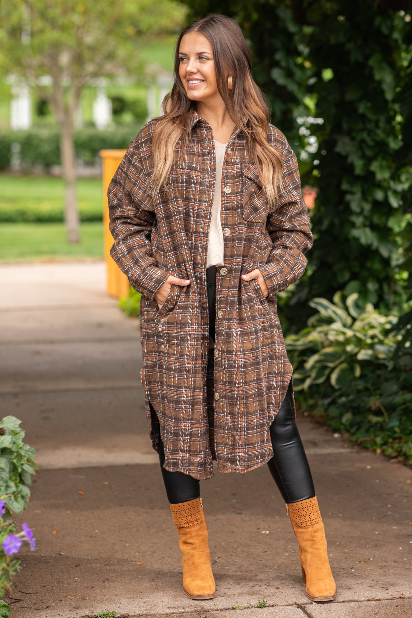 Brown and Cognac Long Plaid Shacket · Filly Flair