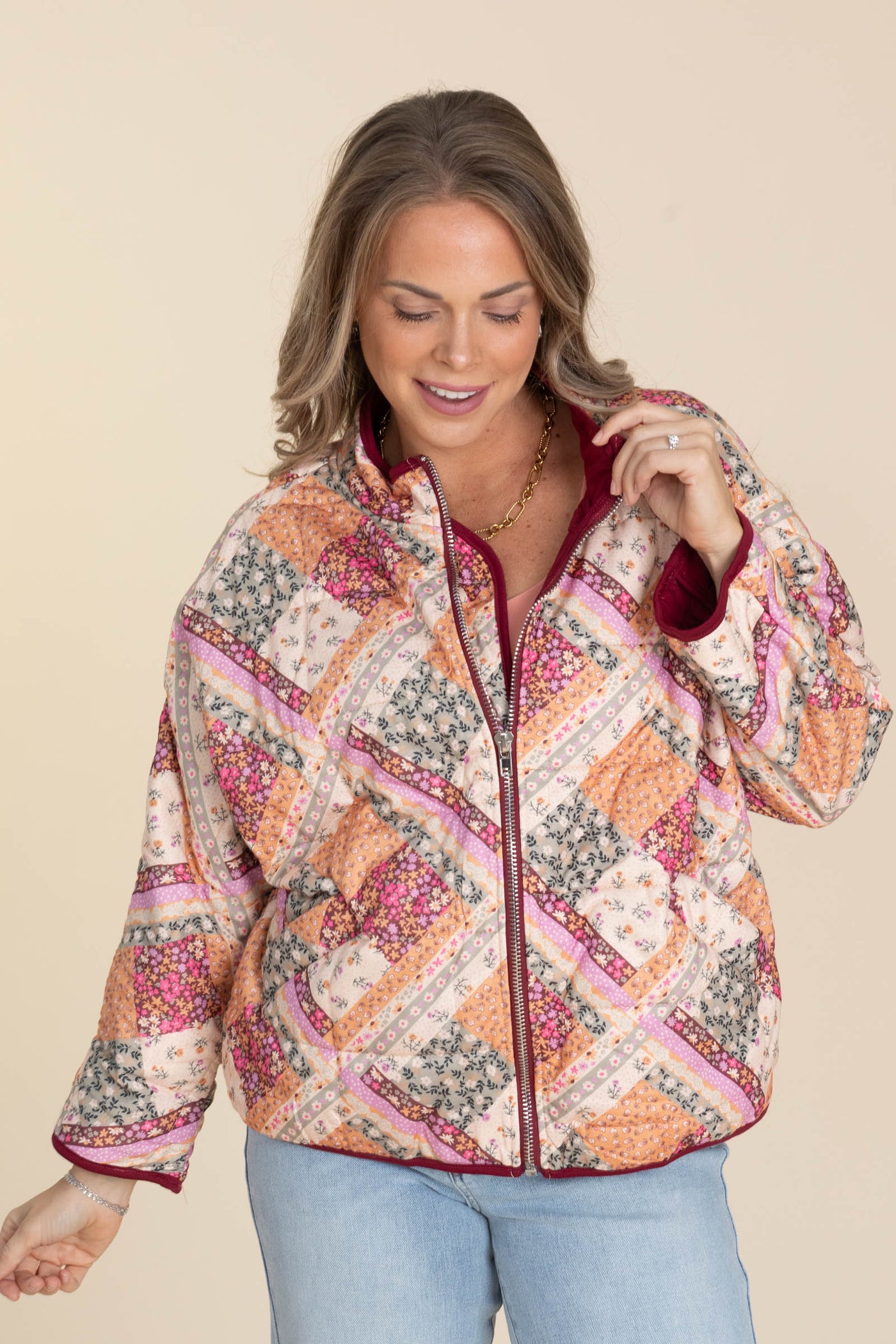 Burgundy Patch Print Light Padded Jacket