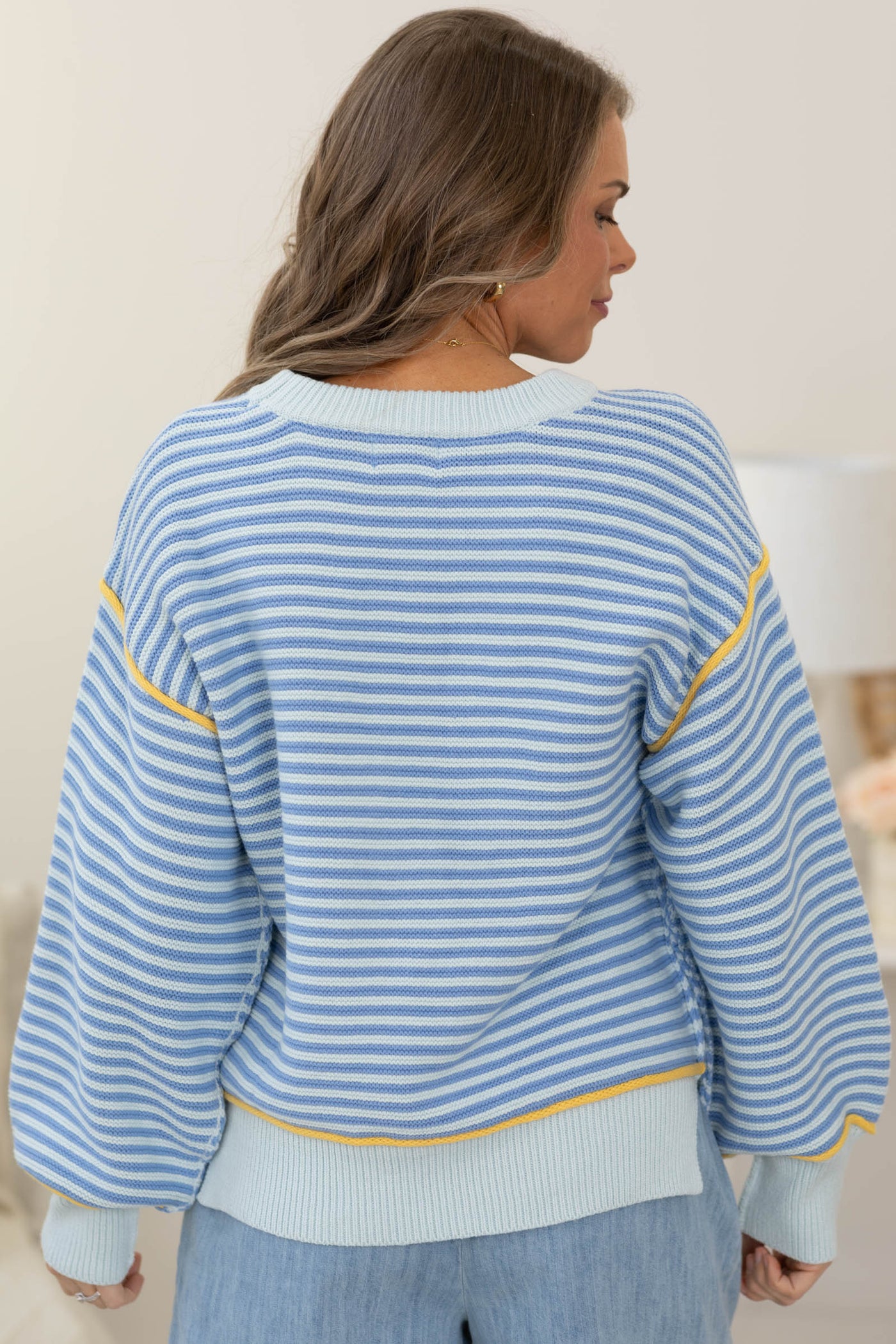 Striped Sweater with Contrast Detail and Ribbed Trim