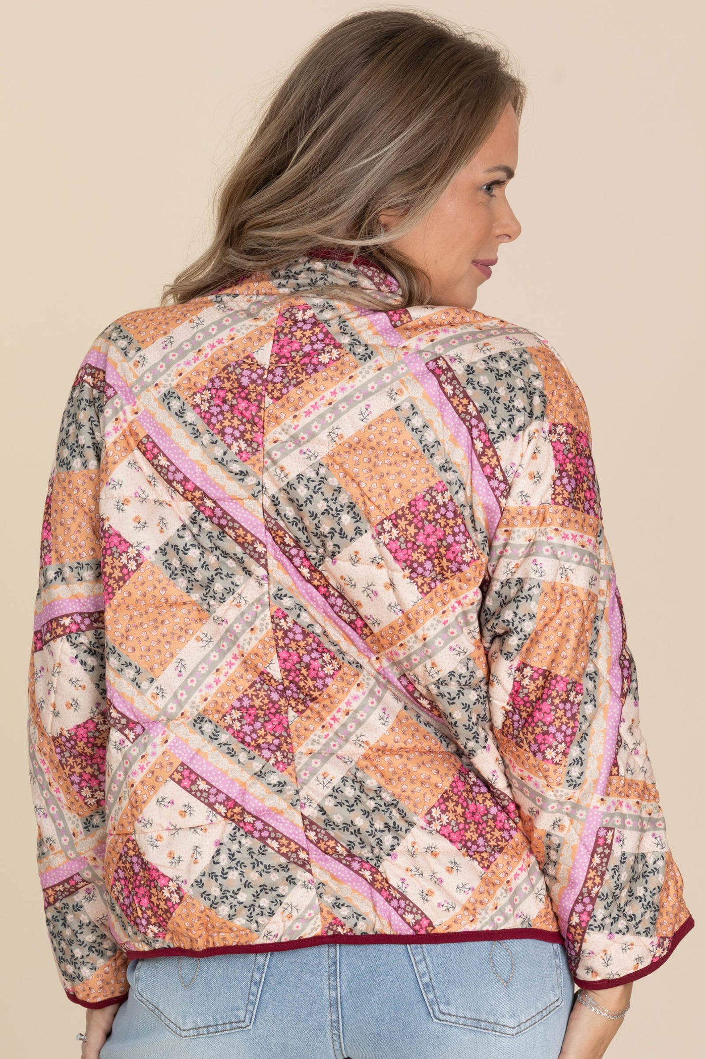 Burgundy Patch Print Light Padded Jacket