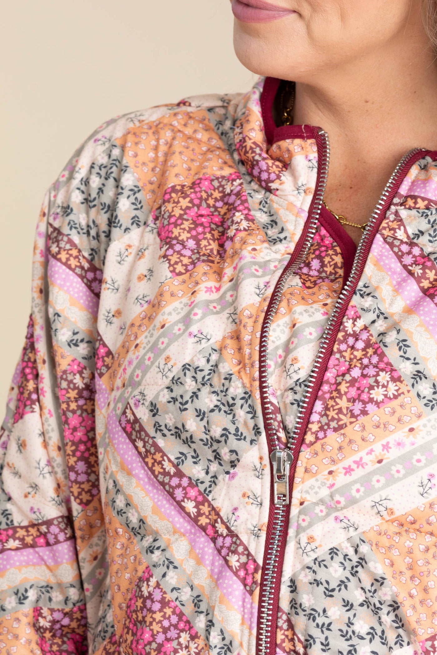 Burgundy Patch Print Light Padded Jacket