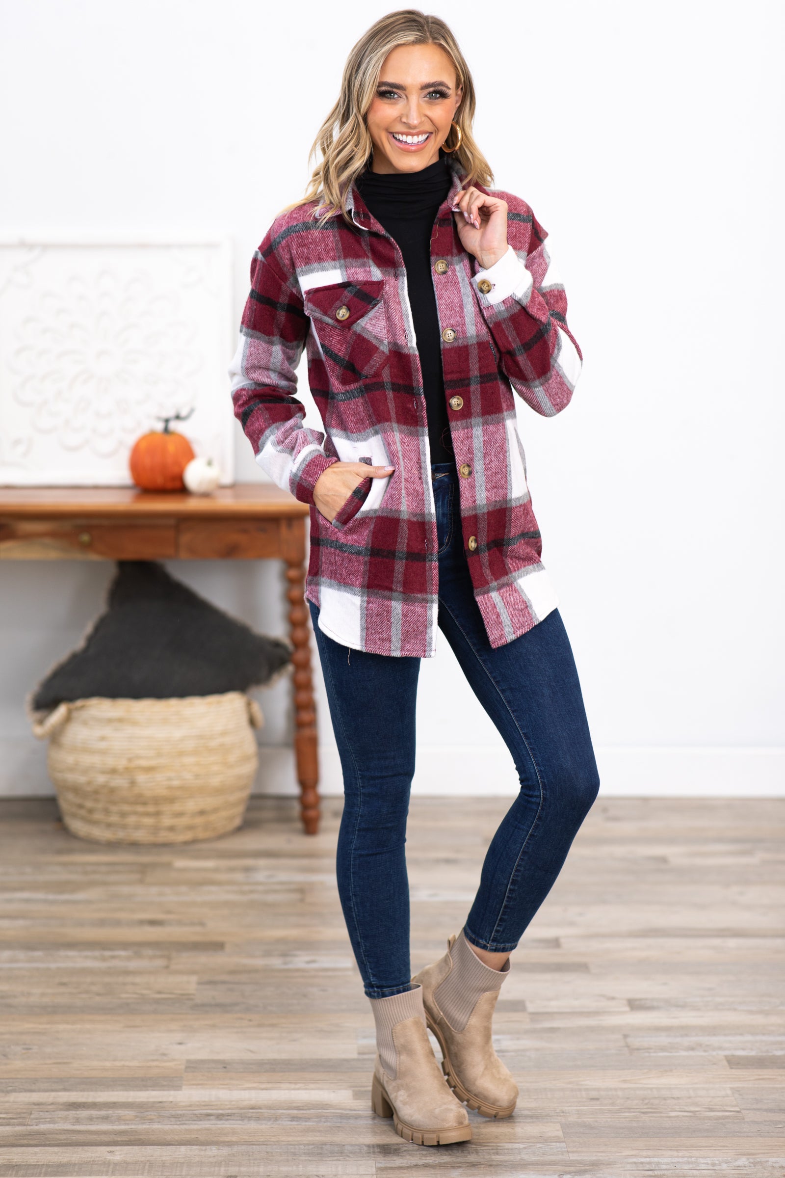 Burgundy and White Plaid Shacket With Pockets
